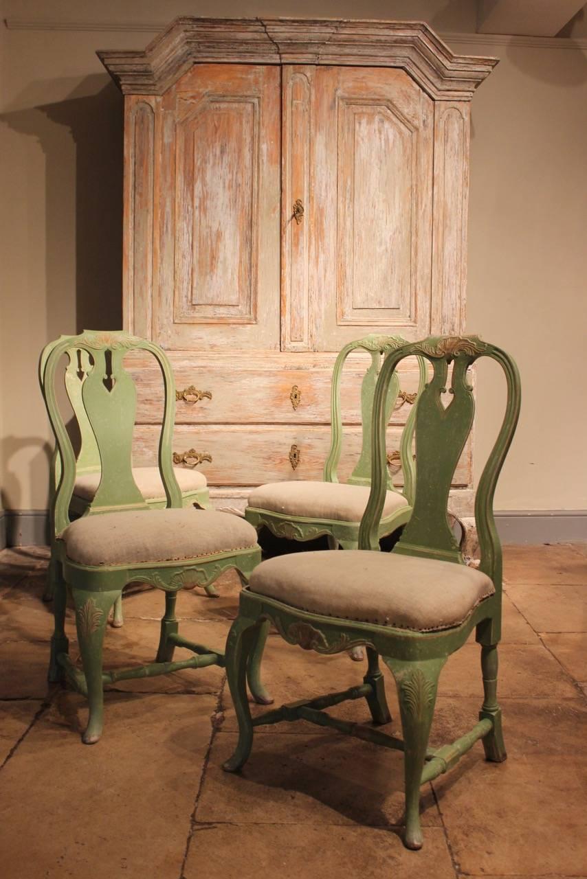 Rococo Set of Four Gustavian Style Painted Swedish Chairs