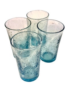 Set of Four Hand-Blown Blue Bubble Glass Tumblers, 20th Century
