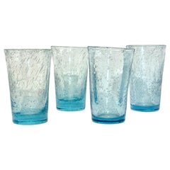 Set of Four Hand-Blown Blue Bubble Glass Tumblers, 20th Century