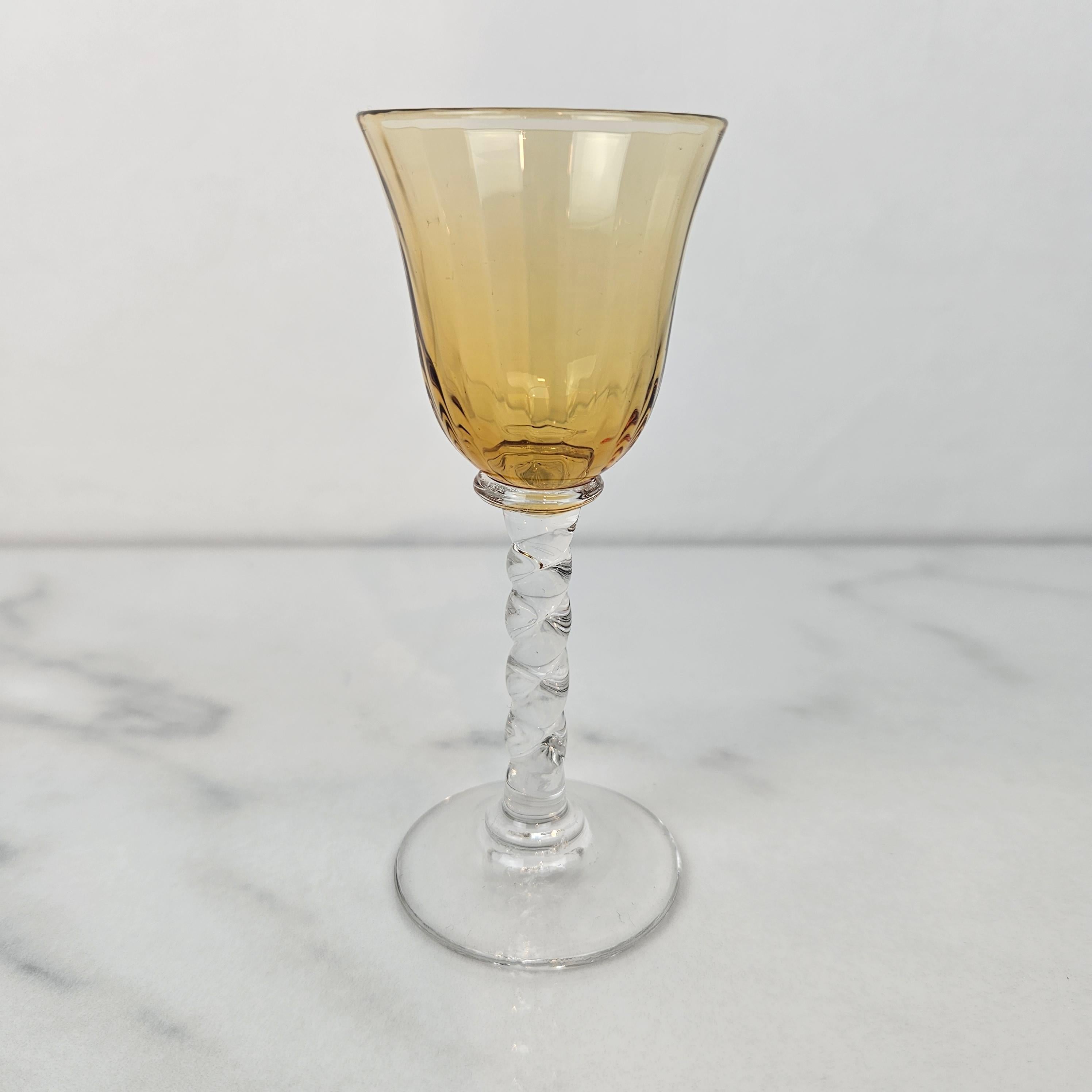 Romantic Set of Four Hand-Blown Colored Cordial Glasses with Twisted Stem, circa 1930 For Sale