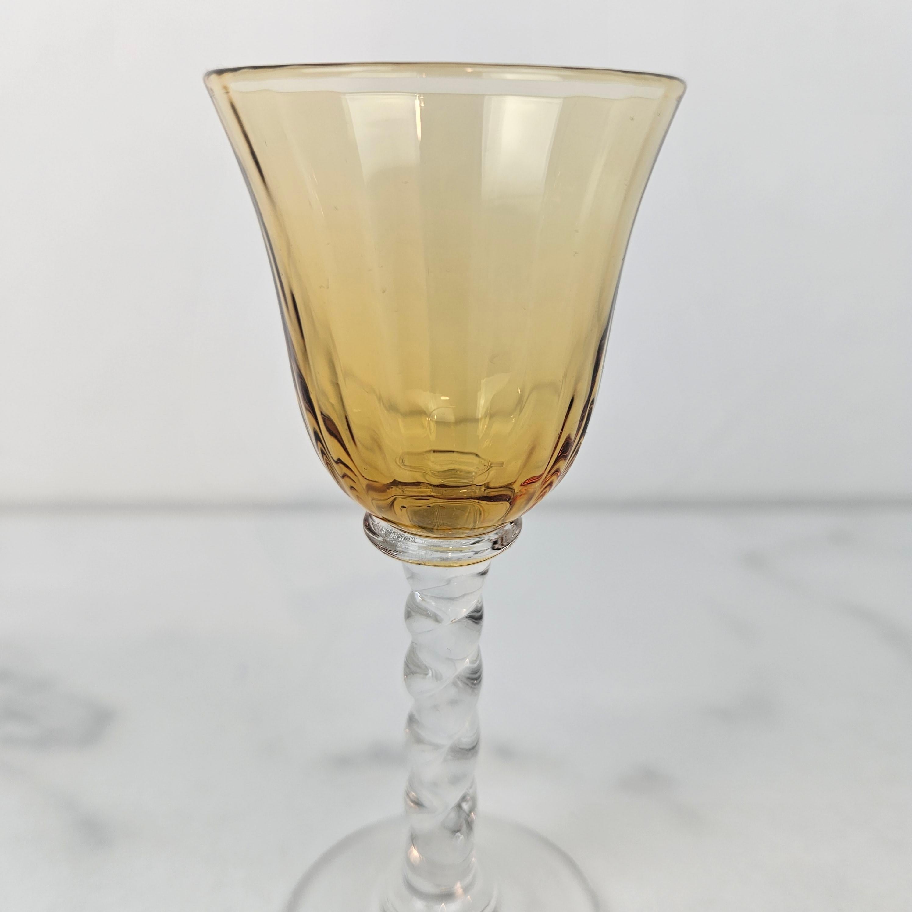 French Set of Four Hand-Blown Colored Cordial Glasses with Twisted Stem, circa 1930 For Sale