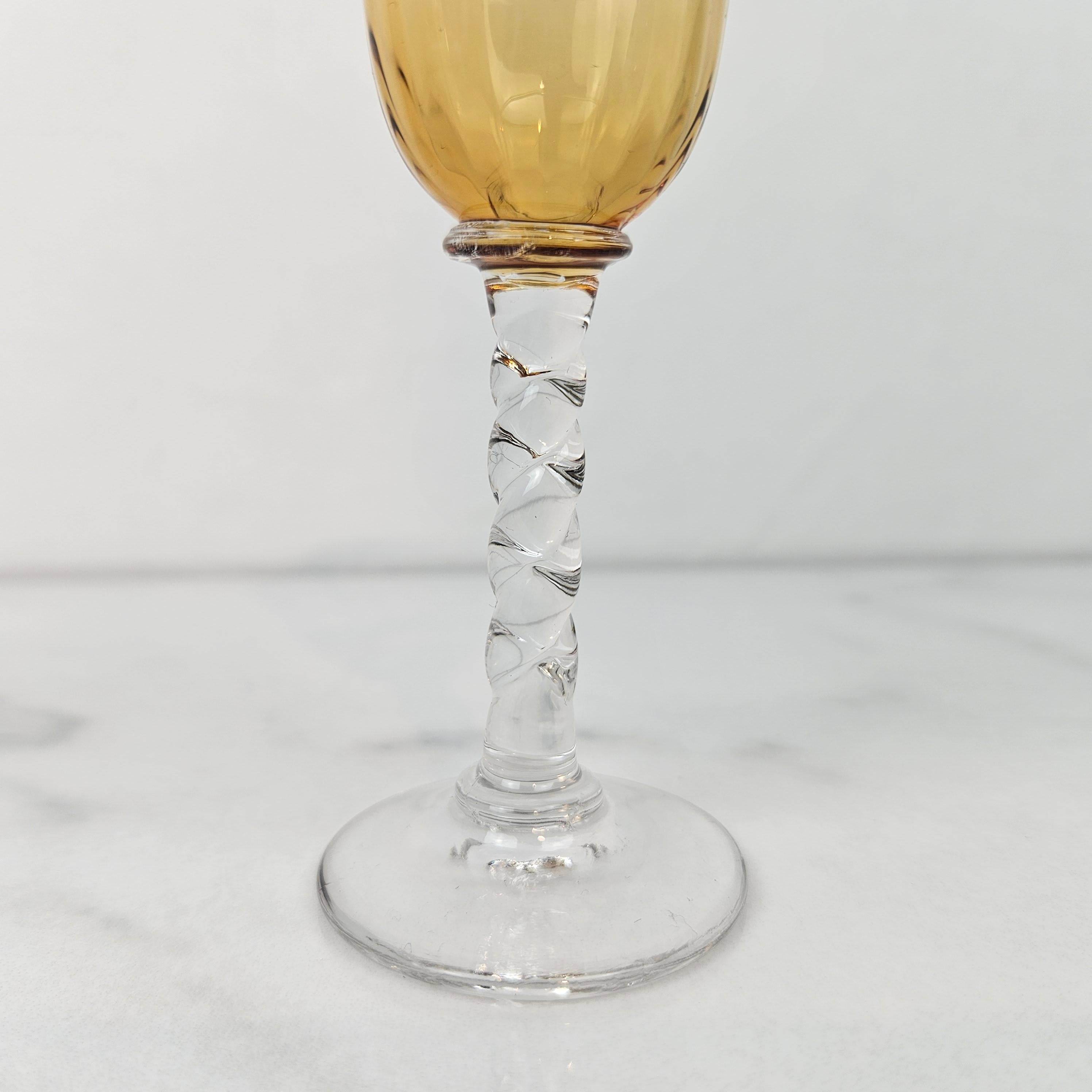 Hand-Crafted Set of Four Hand-Blown Colored Cordial Glasses with Twisted Stem, circa 1930 For Sale