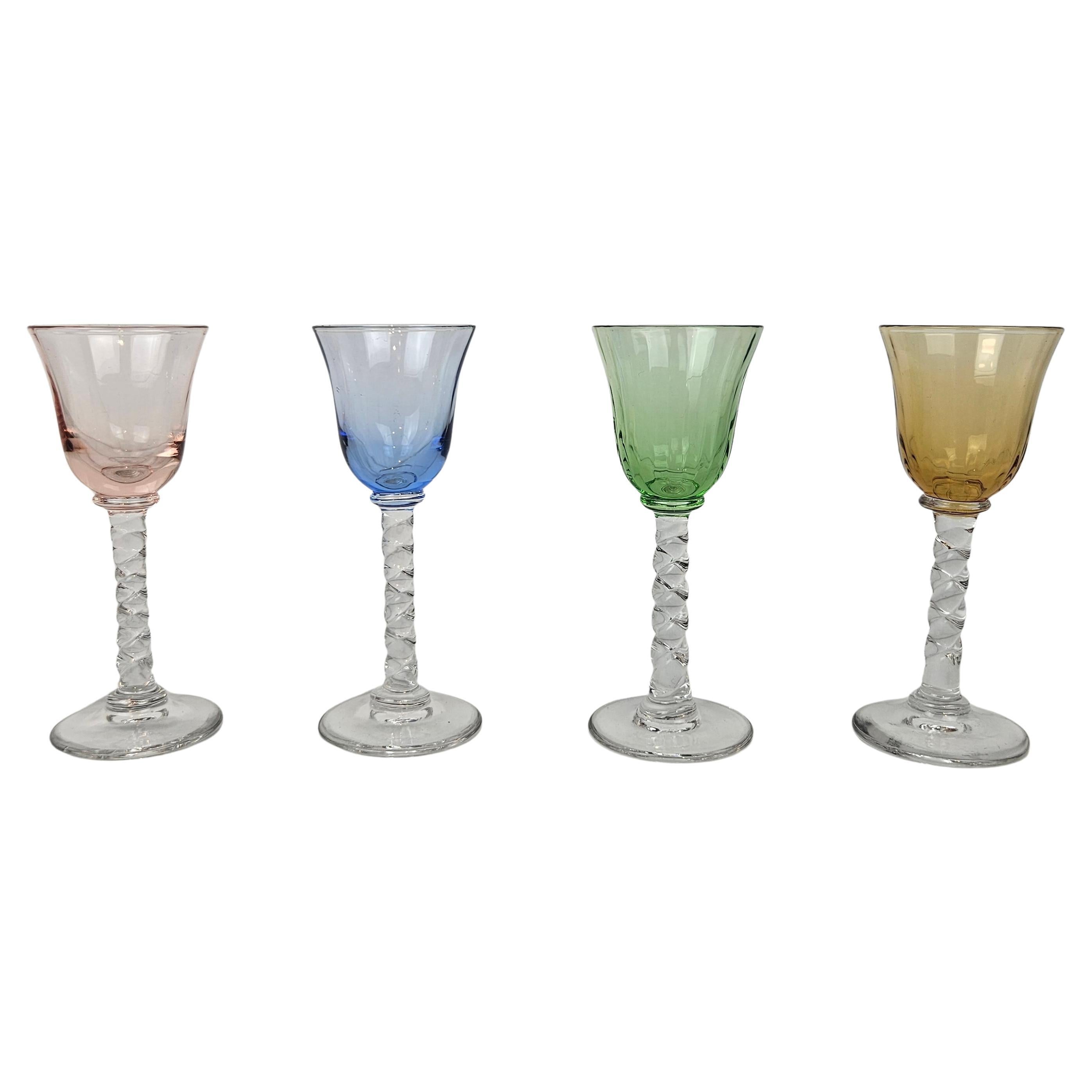 Set of Four Hand-Blown Colored Cordial Glasses with Twisted Stem, circa 1930 For Sale