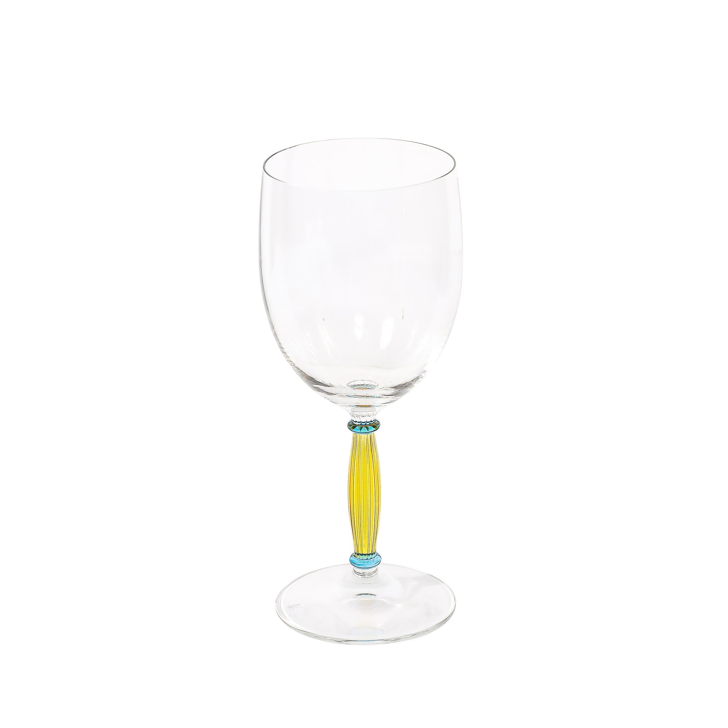 Modern Set of Four Hand-Blown Murano Wine Glasses with Citrine & Blue Fluted Stems