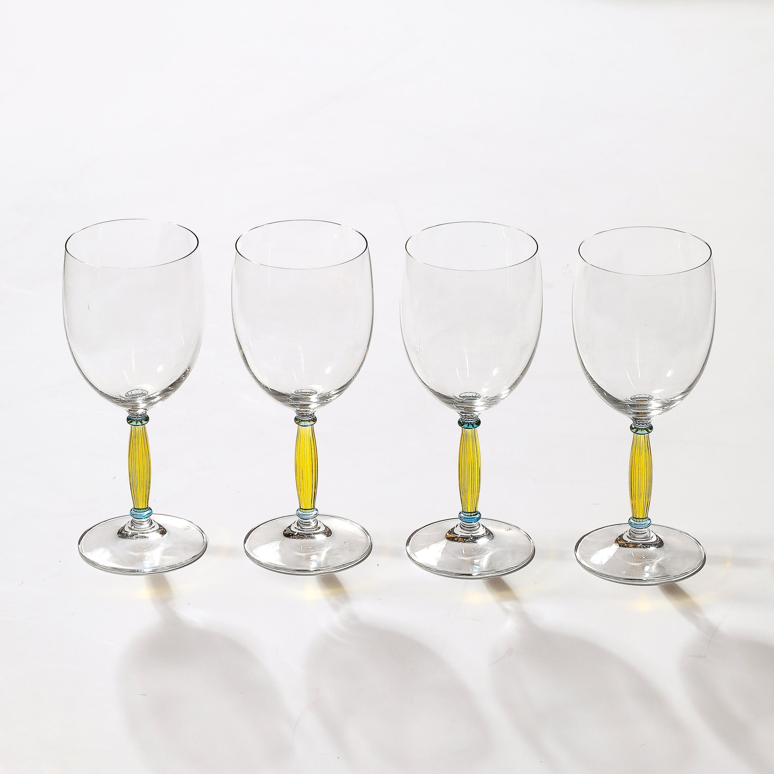 Italian Set of Four Hand-Blown Murano Wine Glasses with Citrine & Blue Fluted Stems