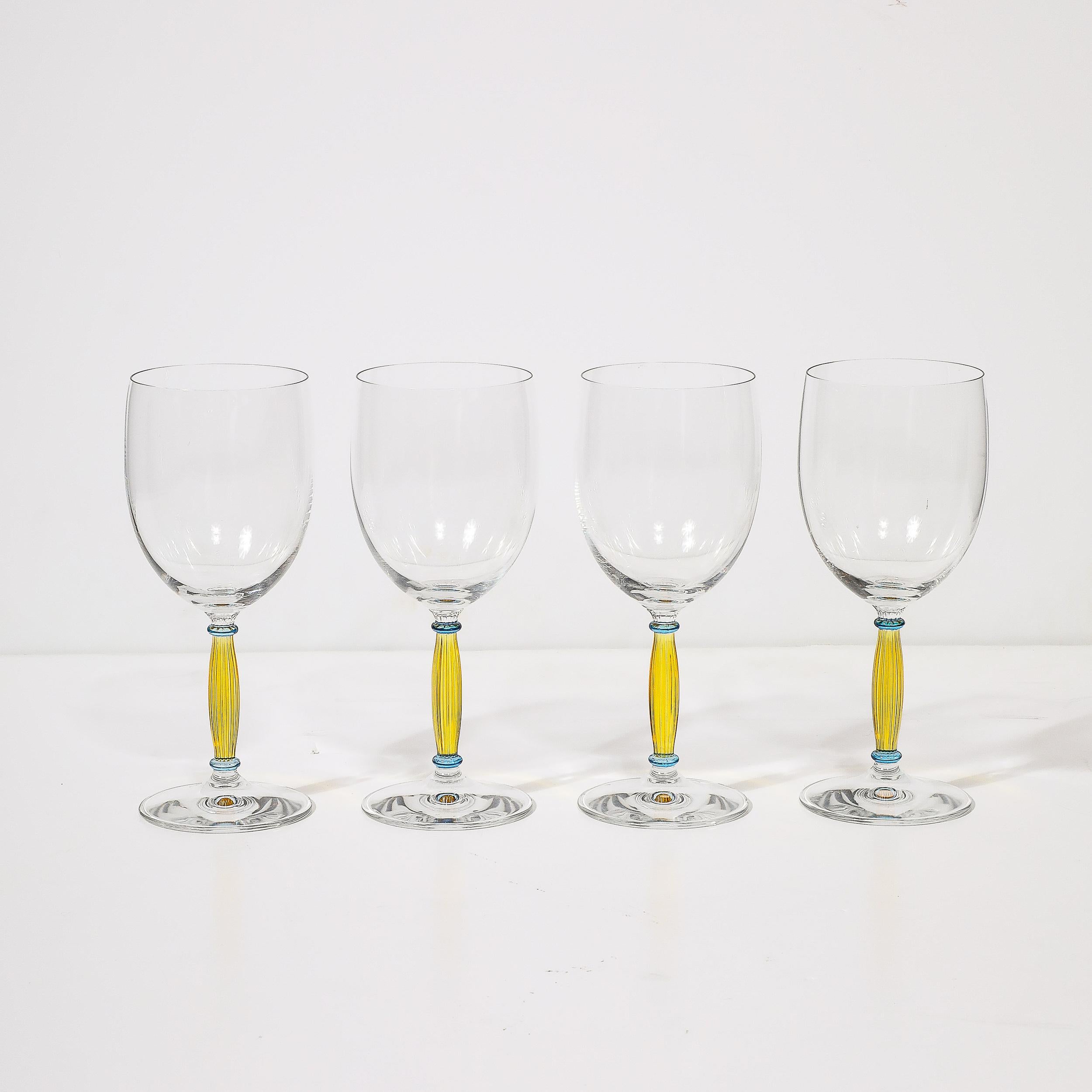 20th Century Set of Four Hand-Blown Murano Wine Glasses with Citrine & Blue Fluted Stems