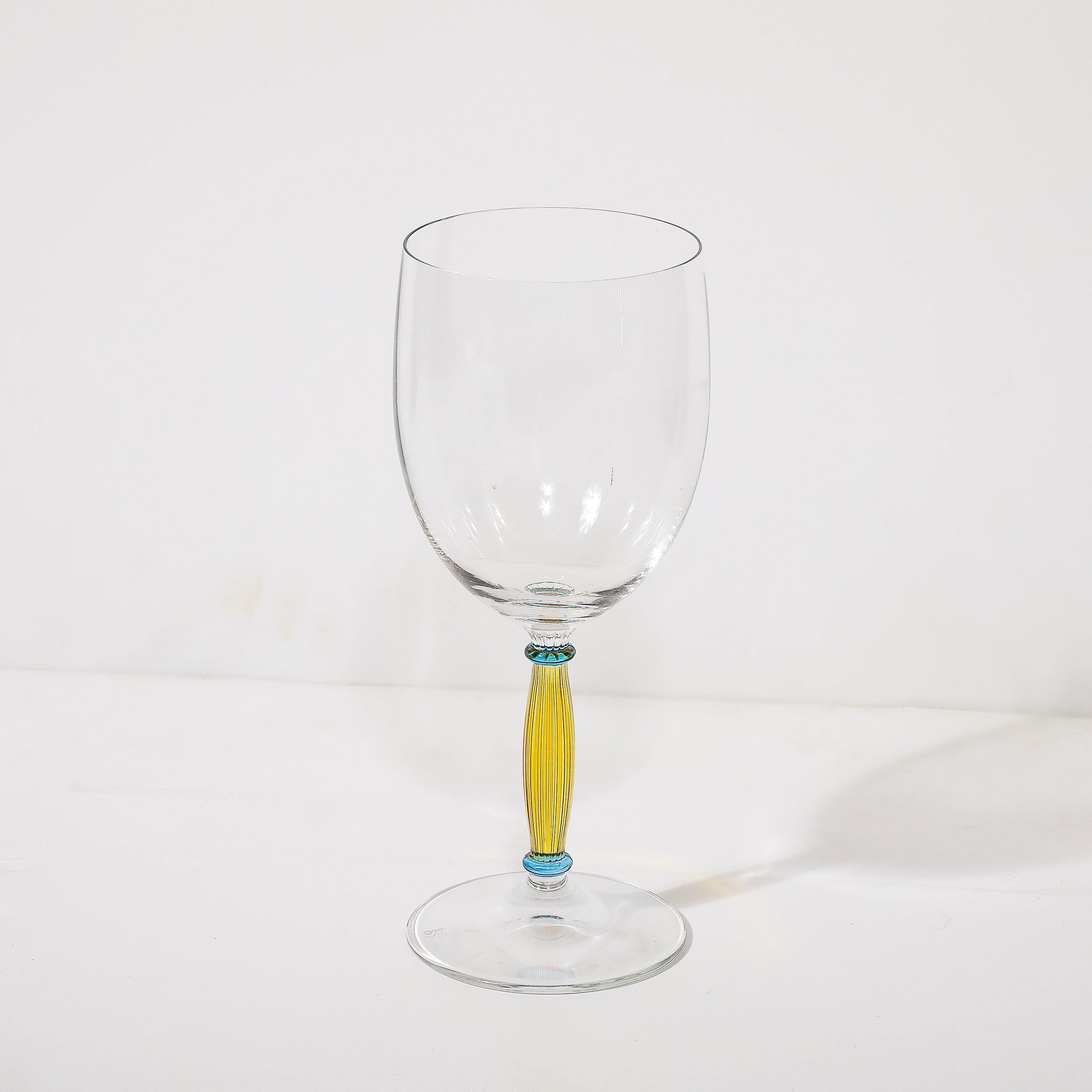 Murano Glass Set of Four Hand-Blown Murano Wine Glasses with Citrine & Blue Fluted Stems