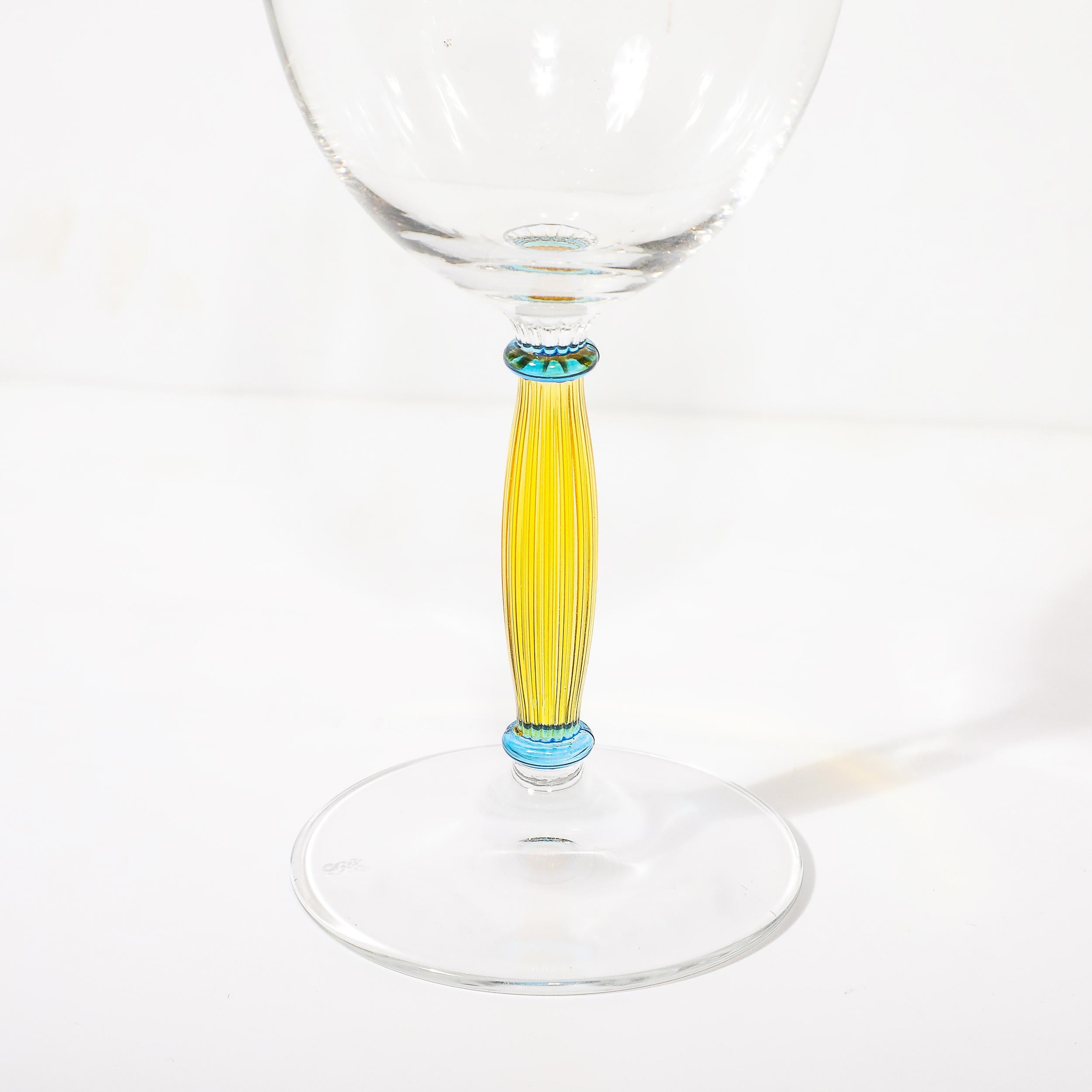 Set of Four Hand-Blown Murano Wine Glasses with Citrine & Blue Fluted Stems 1