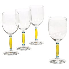 Vintage Set of Four Hand-Blown Murano Wine Glasses with Citrine & Blue Fluted Stems