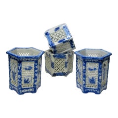 Antique Set Hand Painted Blue White Japan Chinese Reticulated Hexagonal Porcelain Vases