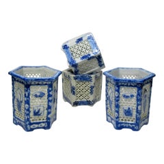 Set Hand Painted Blue White Japan Chinese Reticulated Hexagonal Porcelain Vases