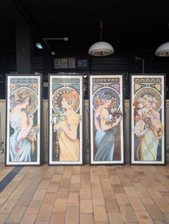 Set of Four Hand-Painted Ceramic Panels After Alphonse Mucha's The Seasons, 24-K