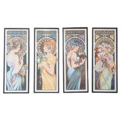 Set of Four Hand-Painted Ceramic Panels After Alphonse Mucha's The Seasons, 24-K