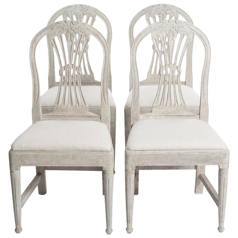 4 Hand Painted Gustavian Dining Chairs in Pale Green-Gray Color 19th Century