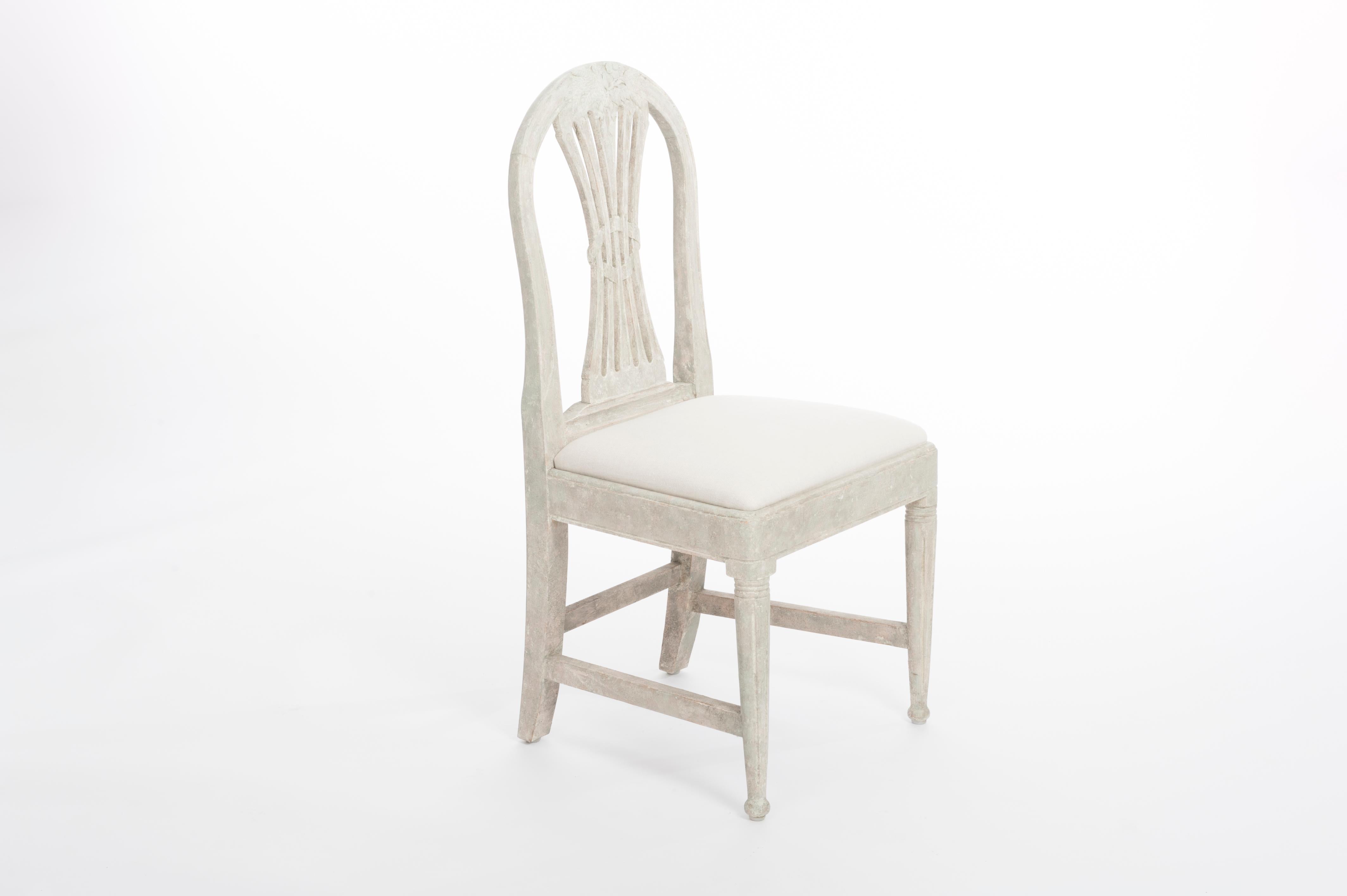 Swedish 4 Hand Painted Gustavian Dining Chairs in Pale Green-Gray Color 19th Century