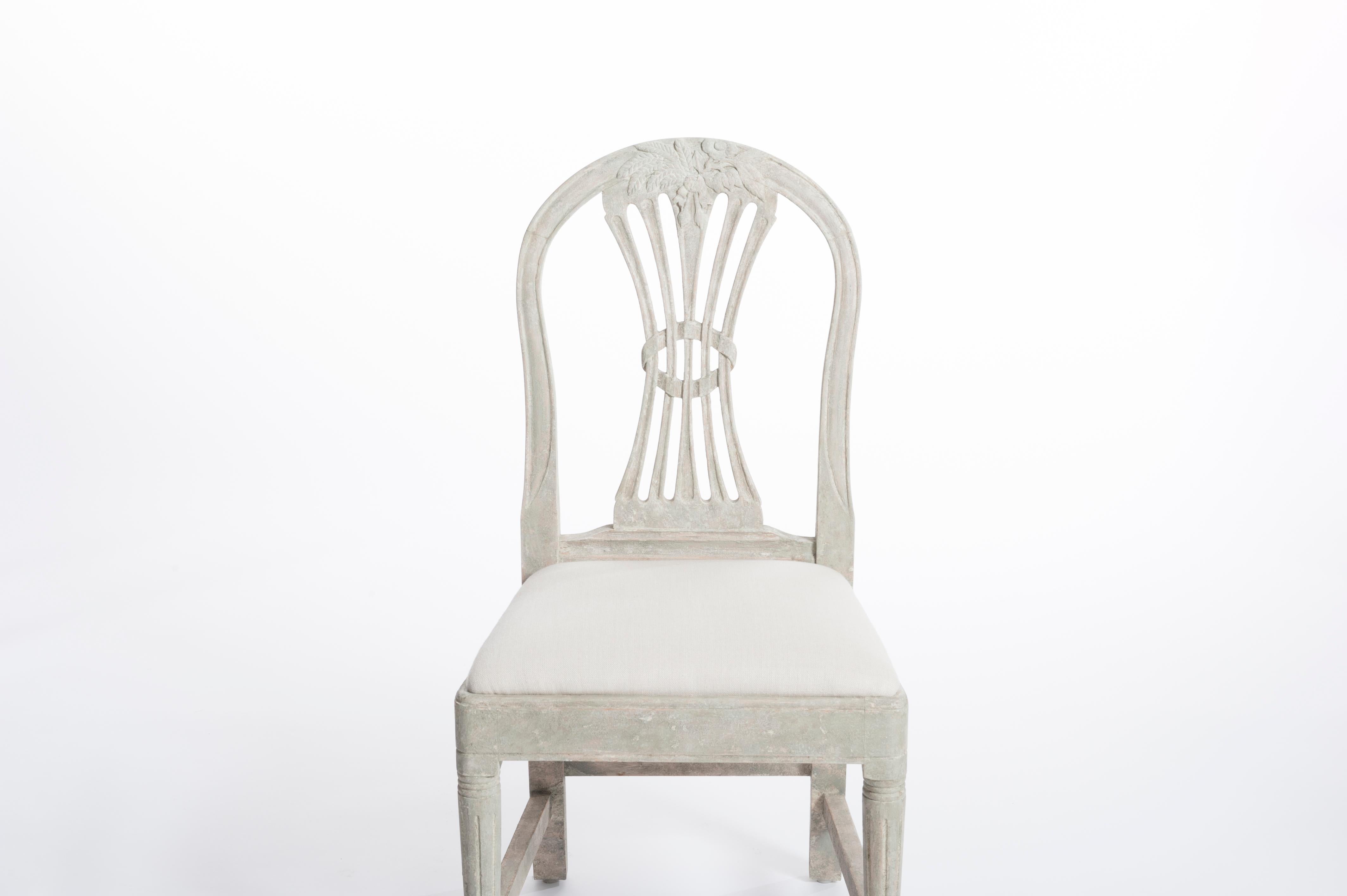 Linen 4 Hand Painted Gustavian Dining Chairs in Pale Green-Gray Color 19th Century