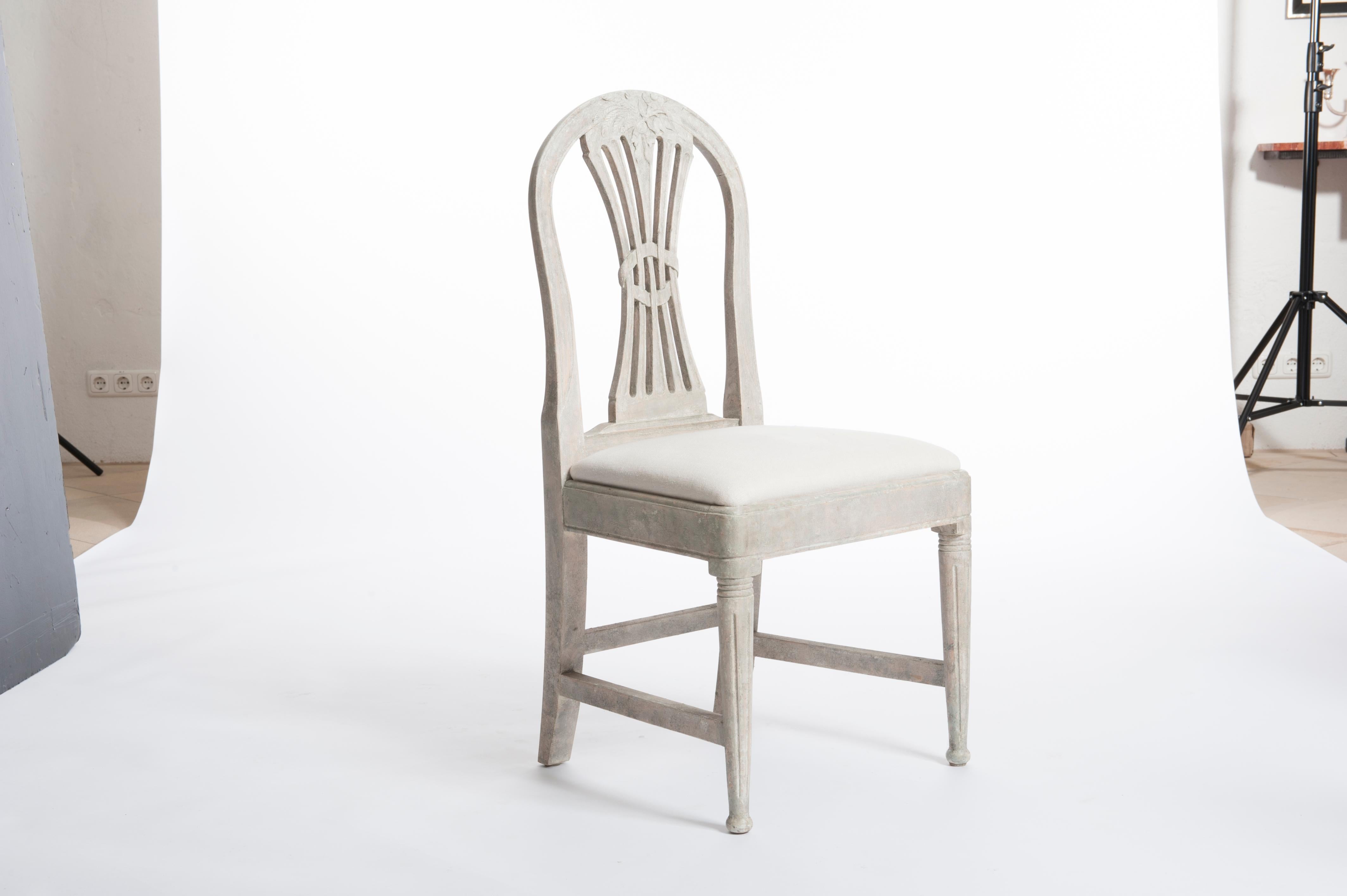 4 Hand Painted Gustavian Dining Chairs in Pale Green-Gray Color 19th Century 1