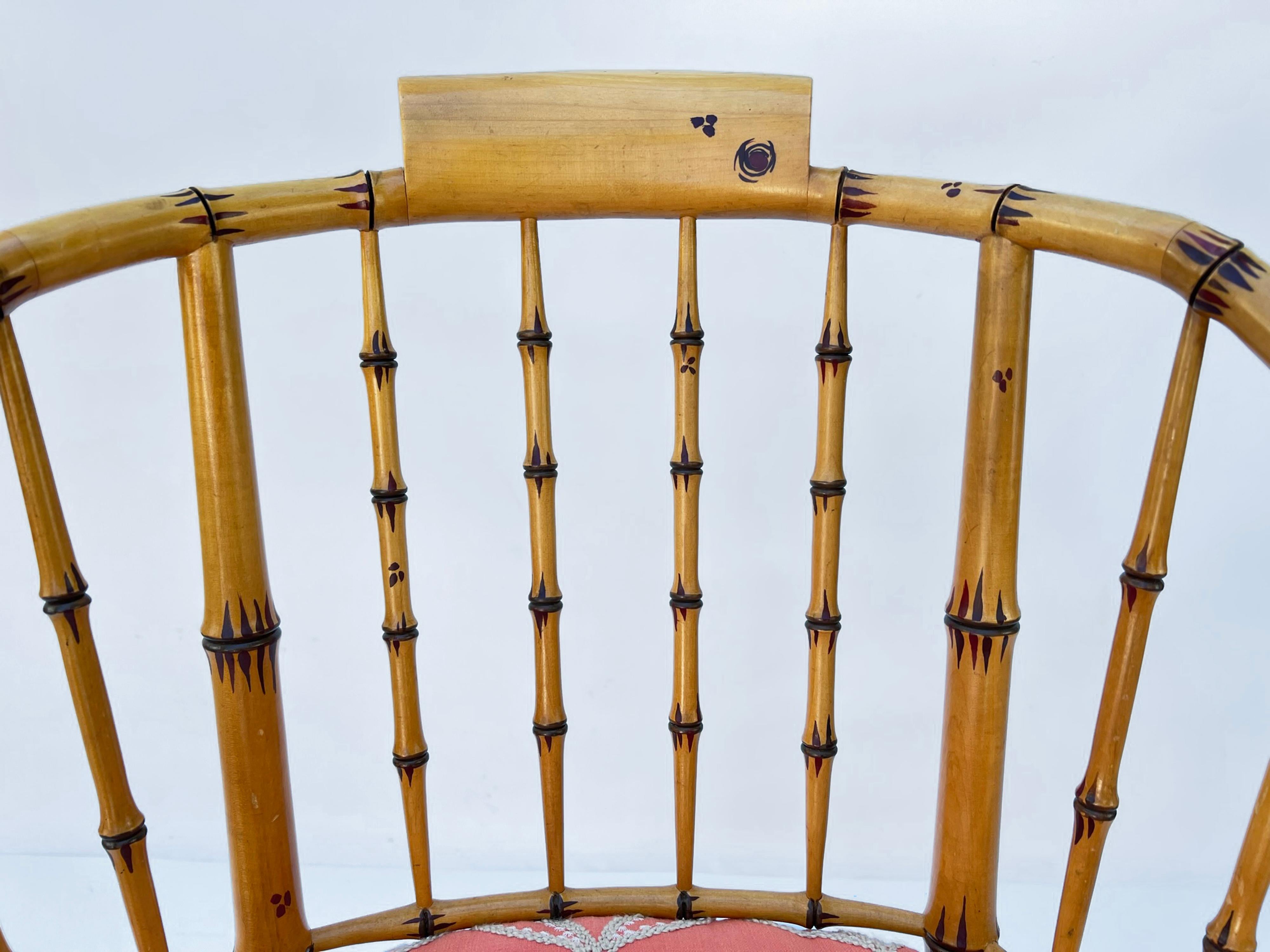 Set of Four Hand Painted Vintage Baker Faux Bamboo Armchairs with Caned Seats For Sale 3