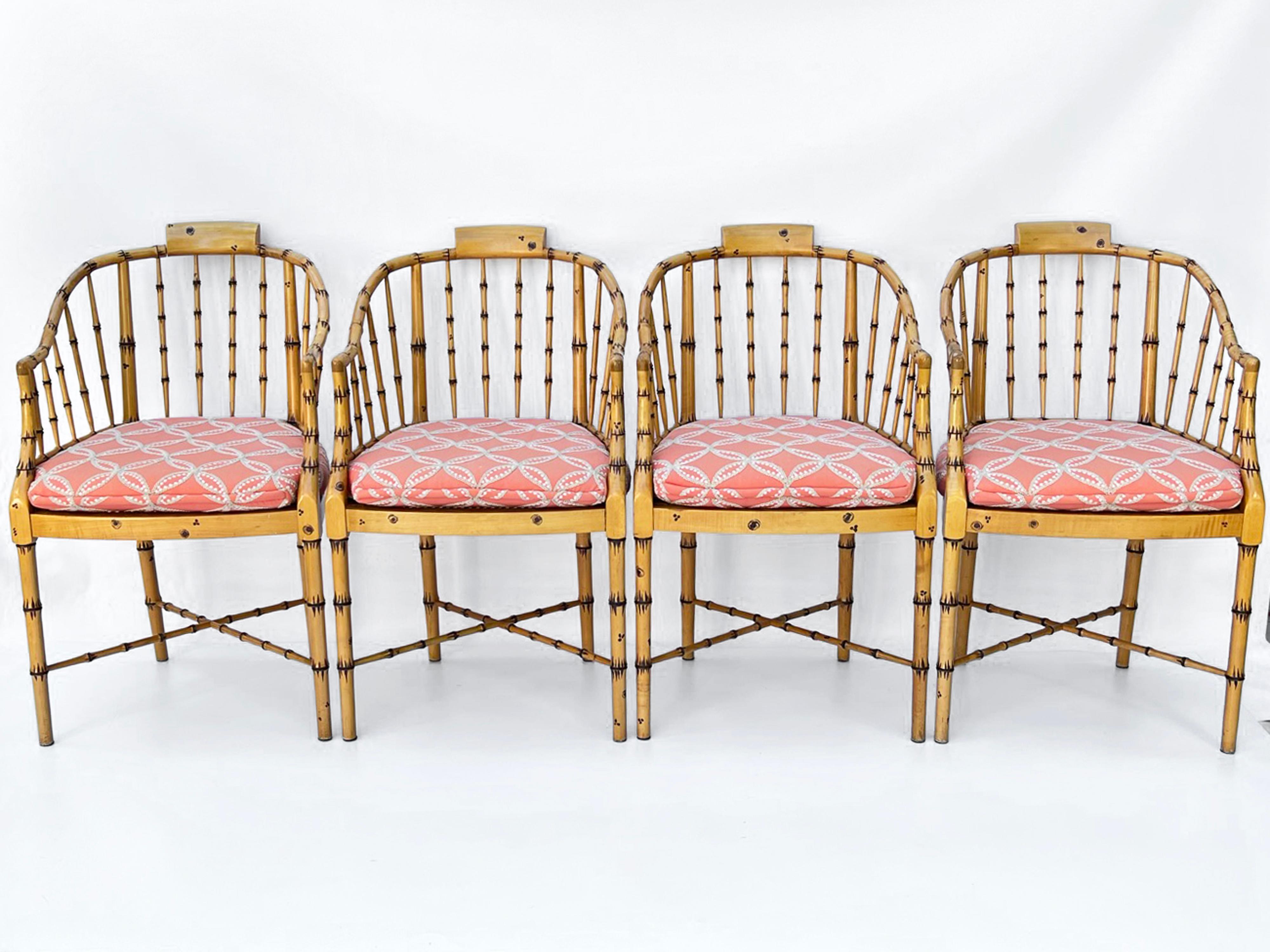 Set of Four Hand Painted Vintage Baker Faux Bamboo Armchairs with Caned Seats For Sale 5