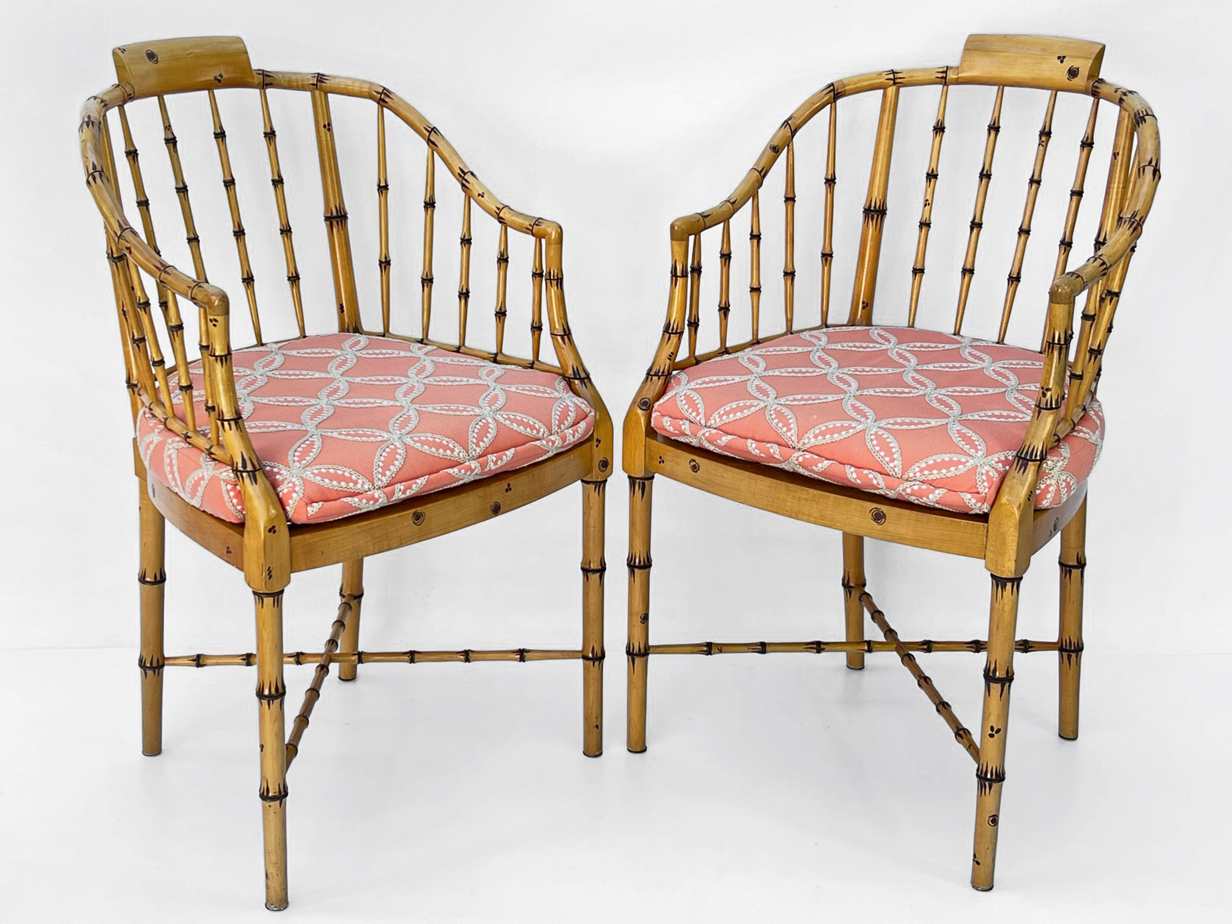 American Set of Four Hand Painted Vintage Baker Faux Bamboo Armchairs with Caned Seats For Sale