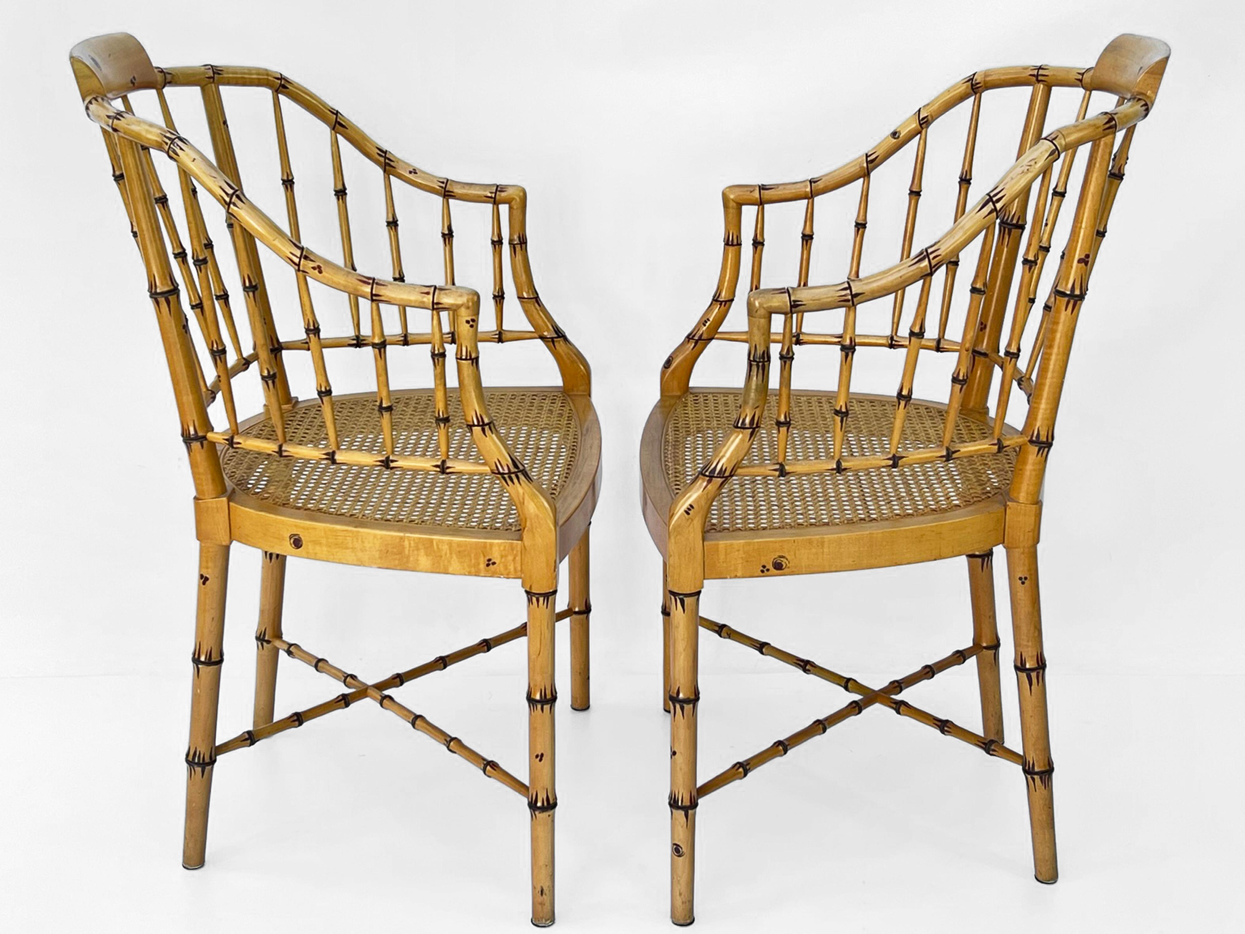 Carved Set of Four Hand Painted Vintage Baker Faux Bamboo Armchairs with Caned Seats For Sale