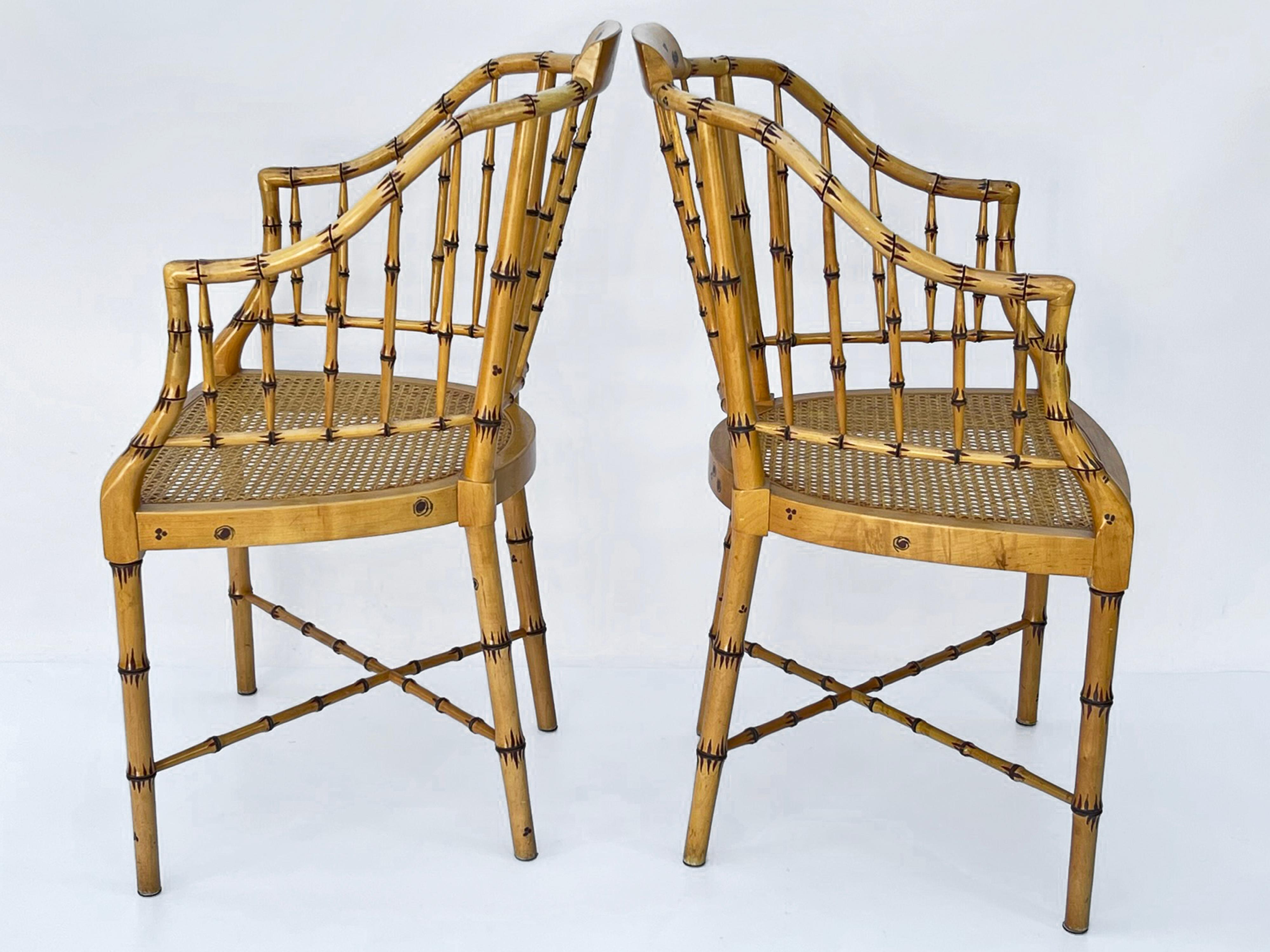 Mid-20th Century Set of Four Hand Painted Vintage Baker Faux Bamboo Armchairs with Caned Seats For Sale