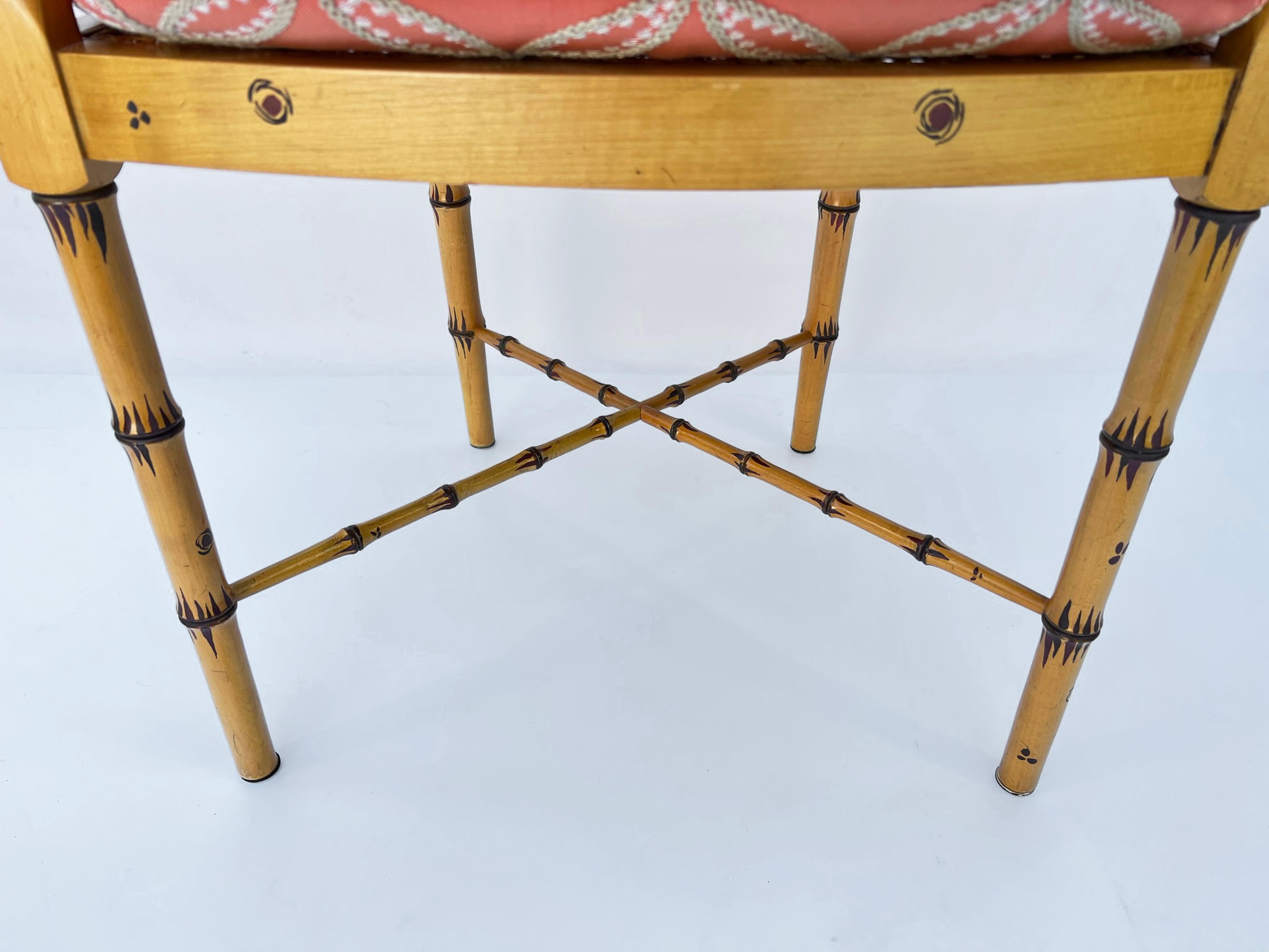 Set of Four Hand Painted Vintage Baker Faux Bamboo Armchairs with Caned Seats For Sale 1