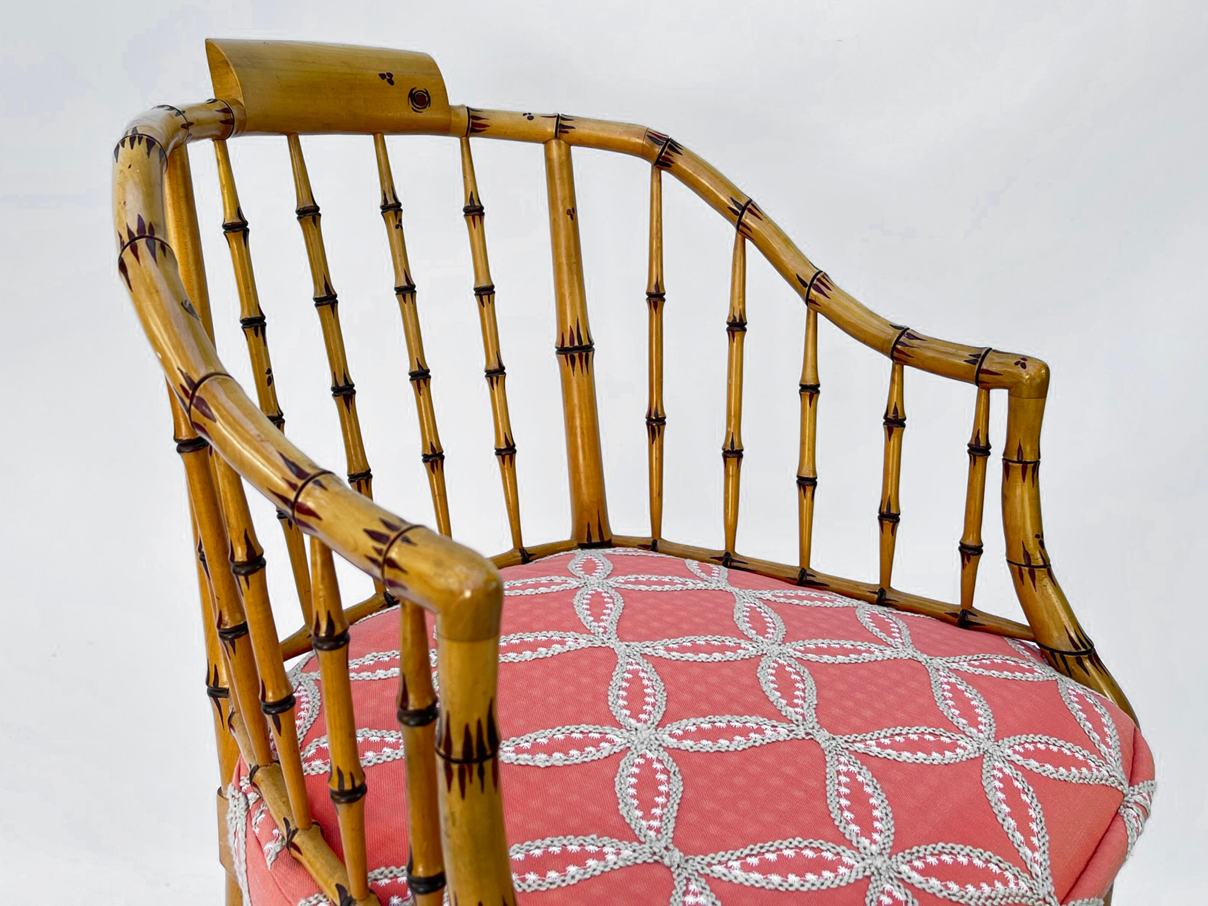 Set of Four Hand Painted Vintage Baker Faux Bamboo Armchairs with Caned Seats For Sale 2