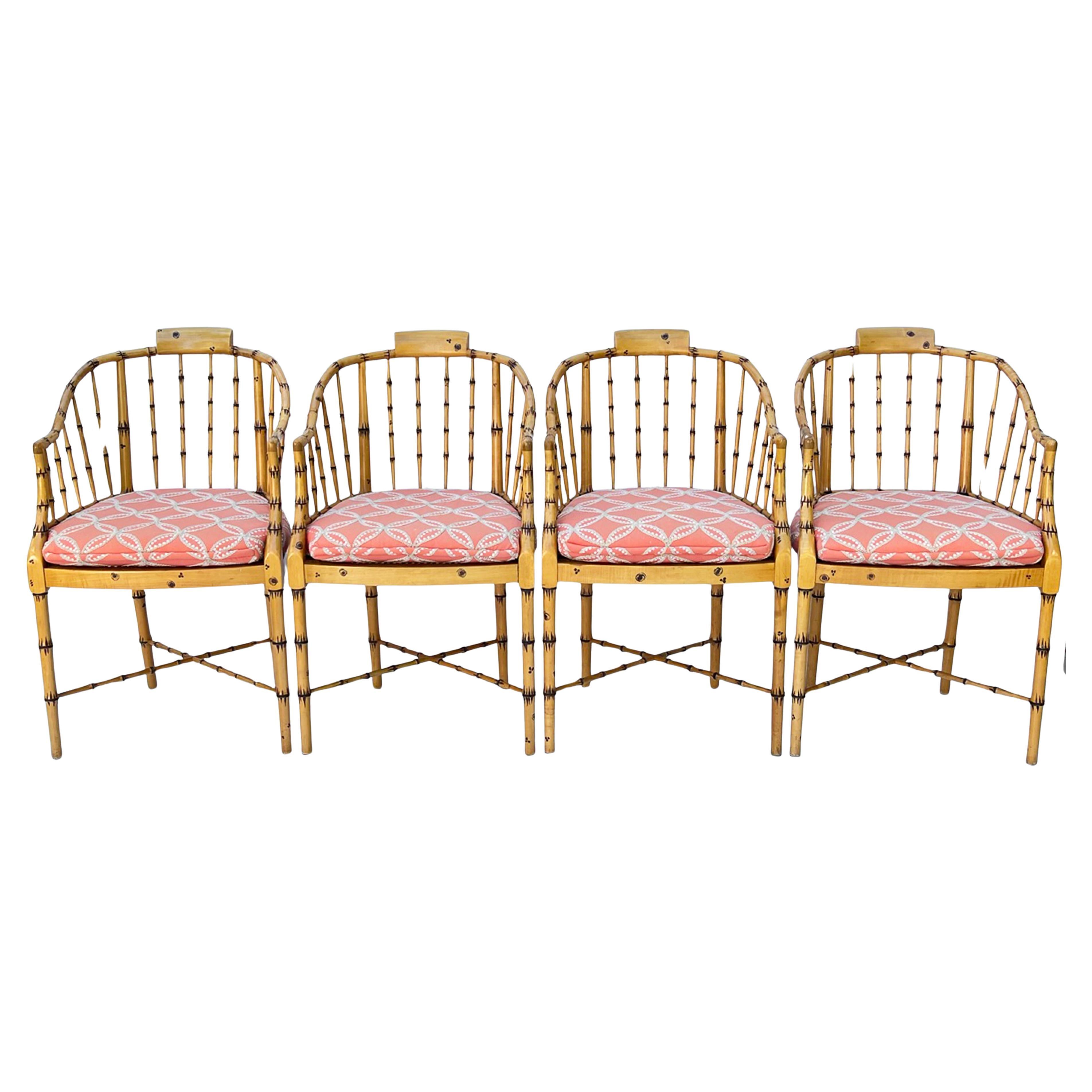 Set of Four Hand Painted Vintage Baker Faux Bamboo Armchairs with Caned Seats