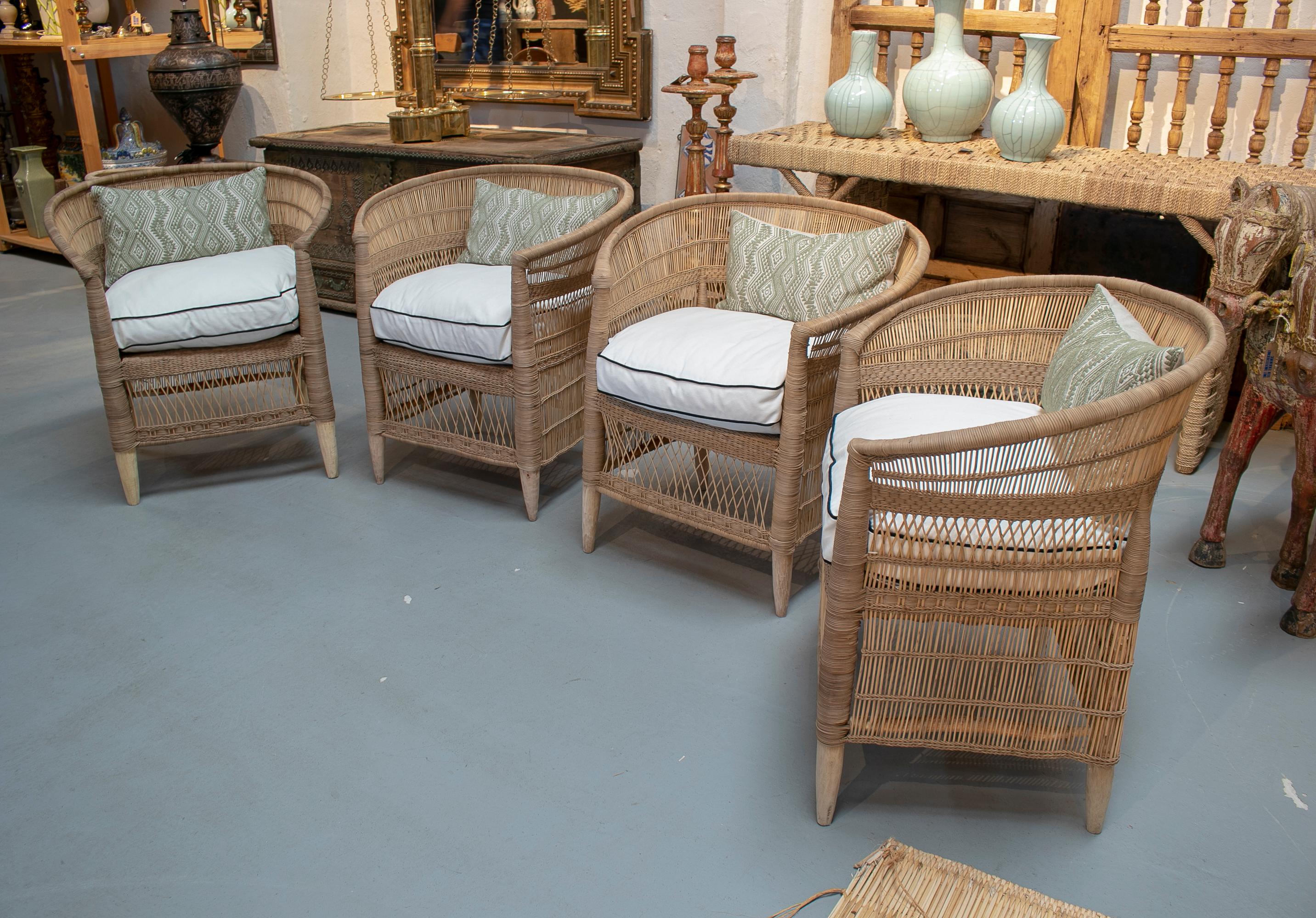 European Set of Four Hand Woven Rattan Wooden Upholstered Armchairs