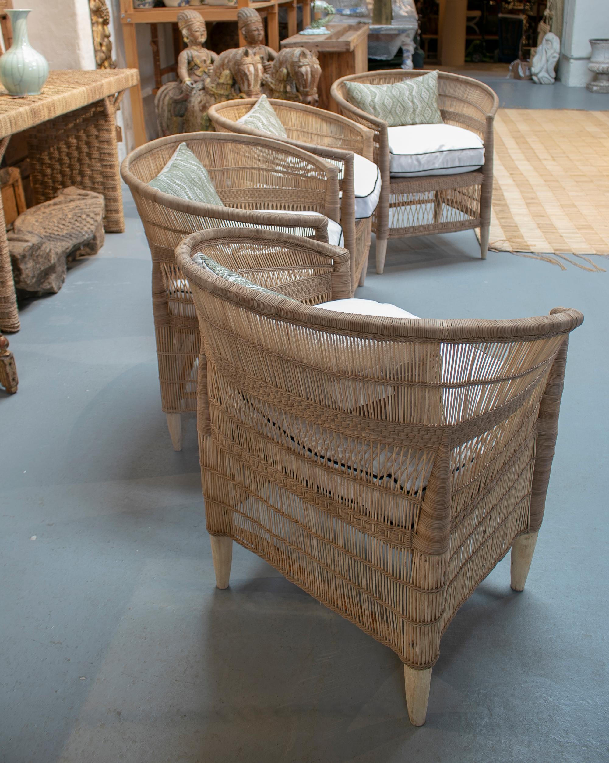 Set of Four Hand Woven Rattan Wooden Upholstered Armchairs In Good Condition In Marbella, ES