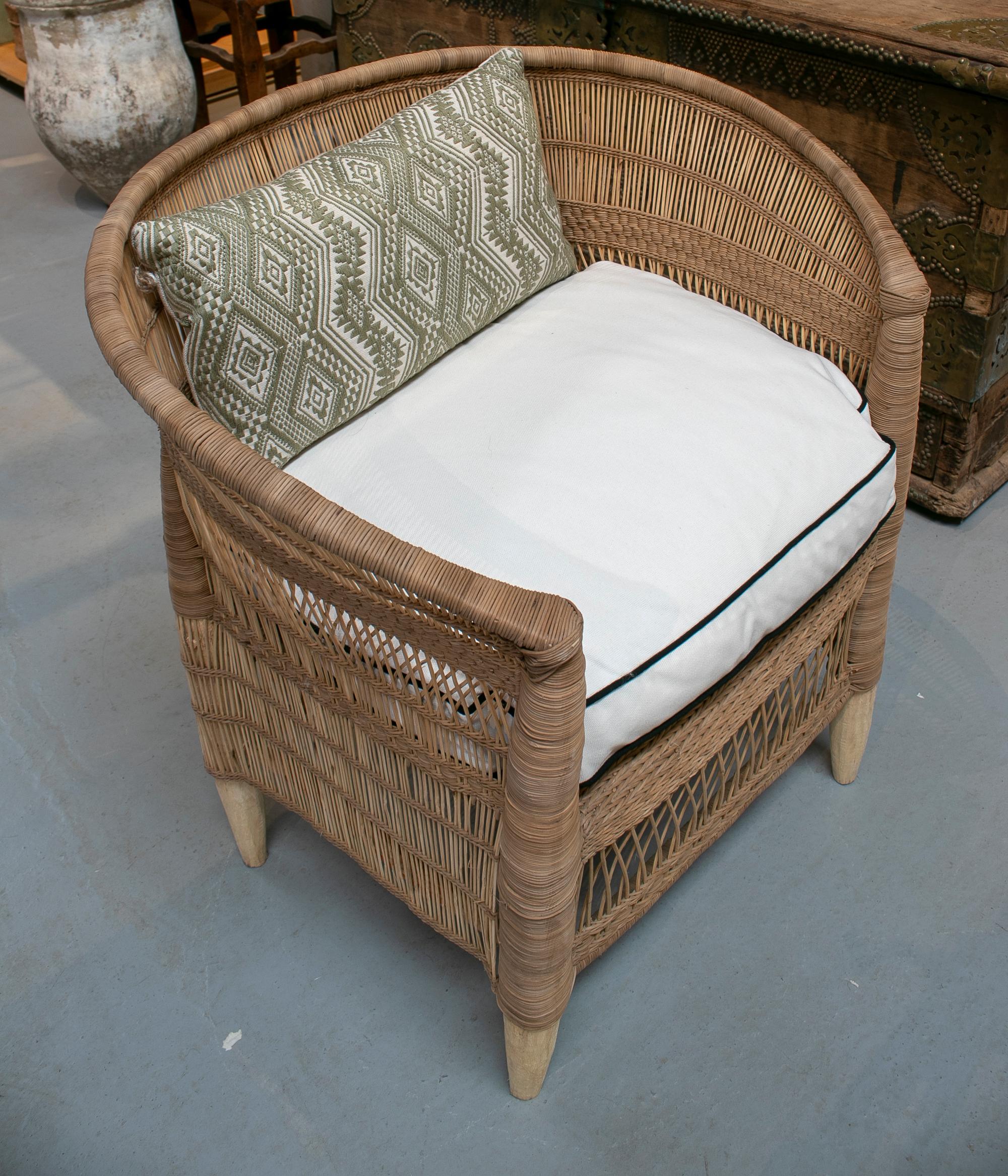 Contemporary Set of Four Hand Woven Rattan Wooden Upholstered Armchairs