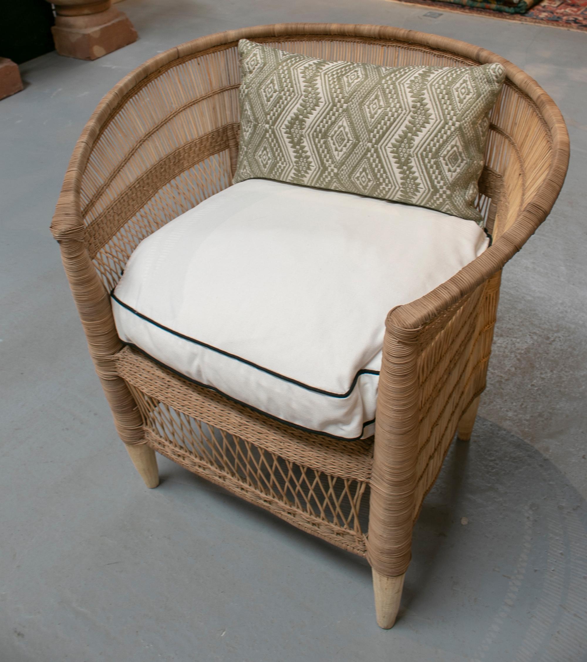 Set of Four Hand Woven Rattan Wooden Upholstered Armchairs 1