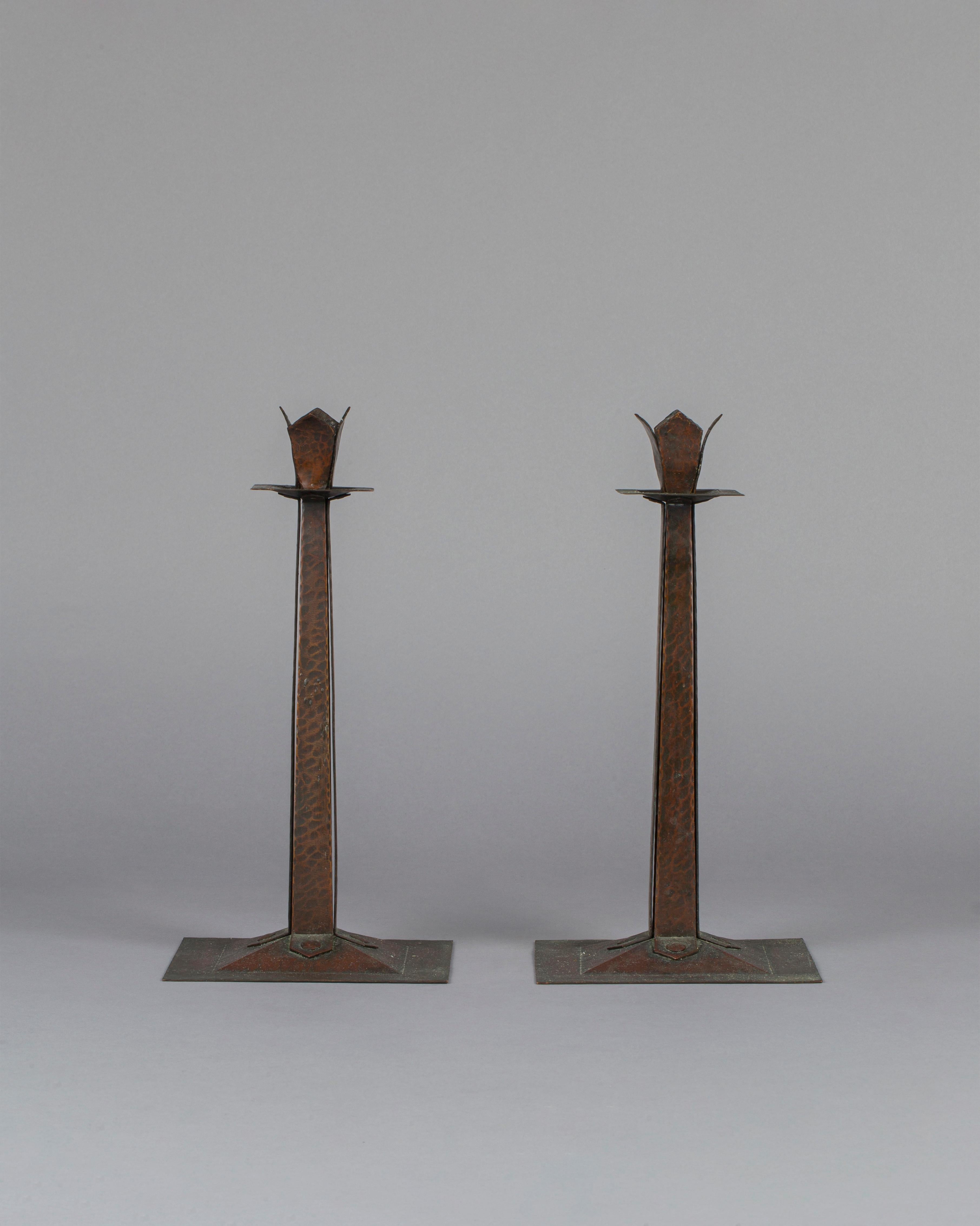 Gustav Stickley
design attributed to Victor Toothaker
Set of Four Candlesticks, circa. 1905
Model No. 70
Hand-wrought copper
hand-wrought copper
each impressed with firm's mark
executed by the Craftsman Workshops of Gustav Stickley, Eastwood,