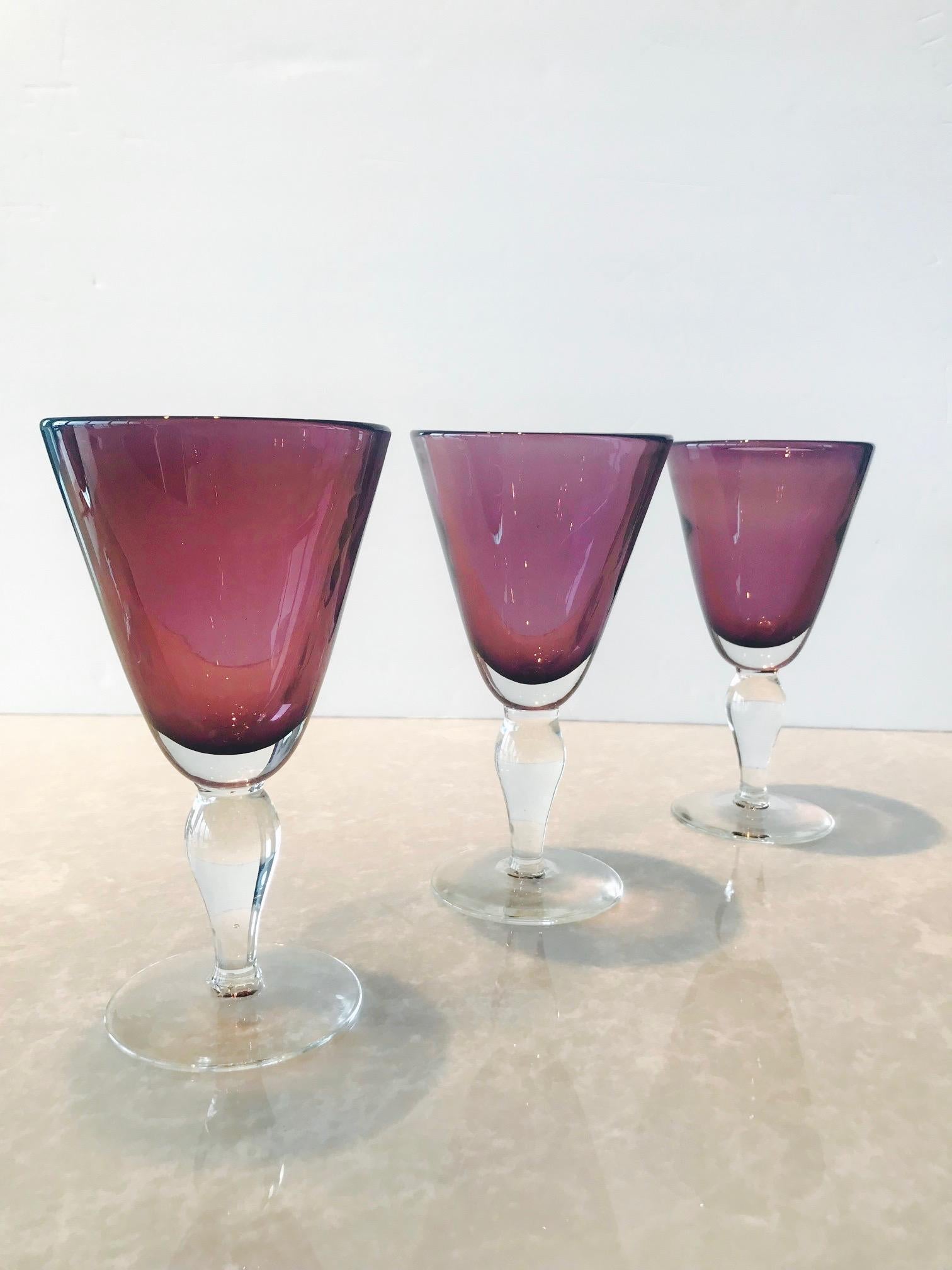 Mid-Century Modern Set of Four Handblown Amethyst Murano Stemware Glasses