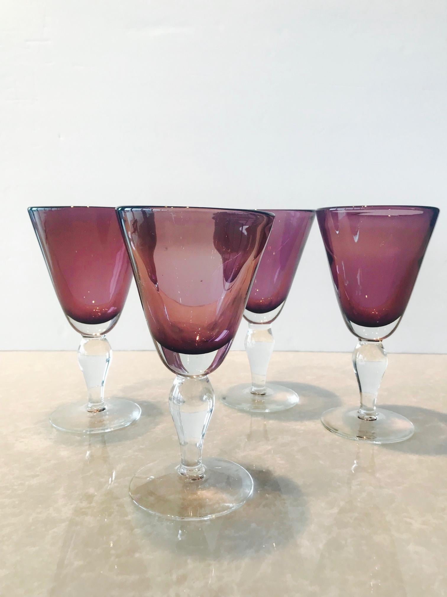 Murano Glass Set of Four Handblown Amethyst Murano Stemware Glasses