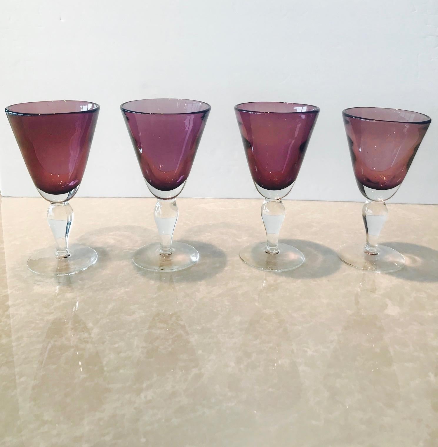 Set of Four Handblown Amethyst Murano Stemware Glasses 1