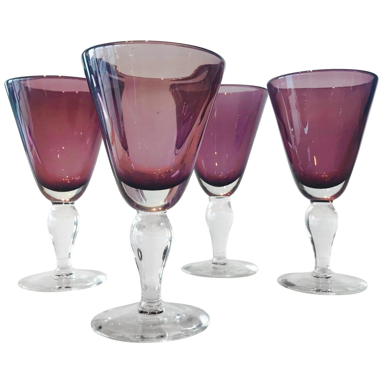 Set of Four Handblown Amethyst Murano Stemware Glasses
