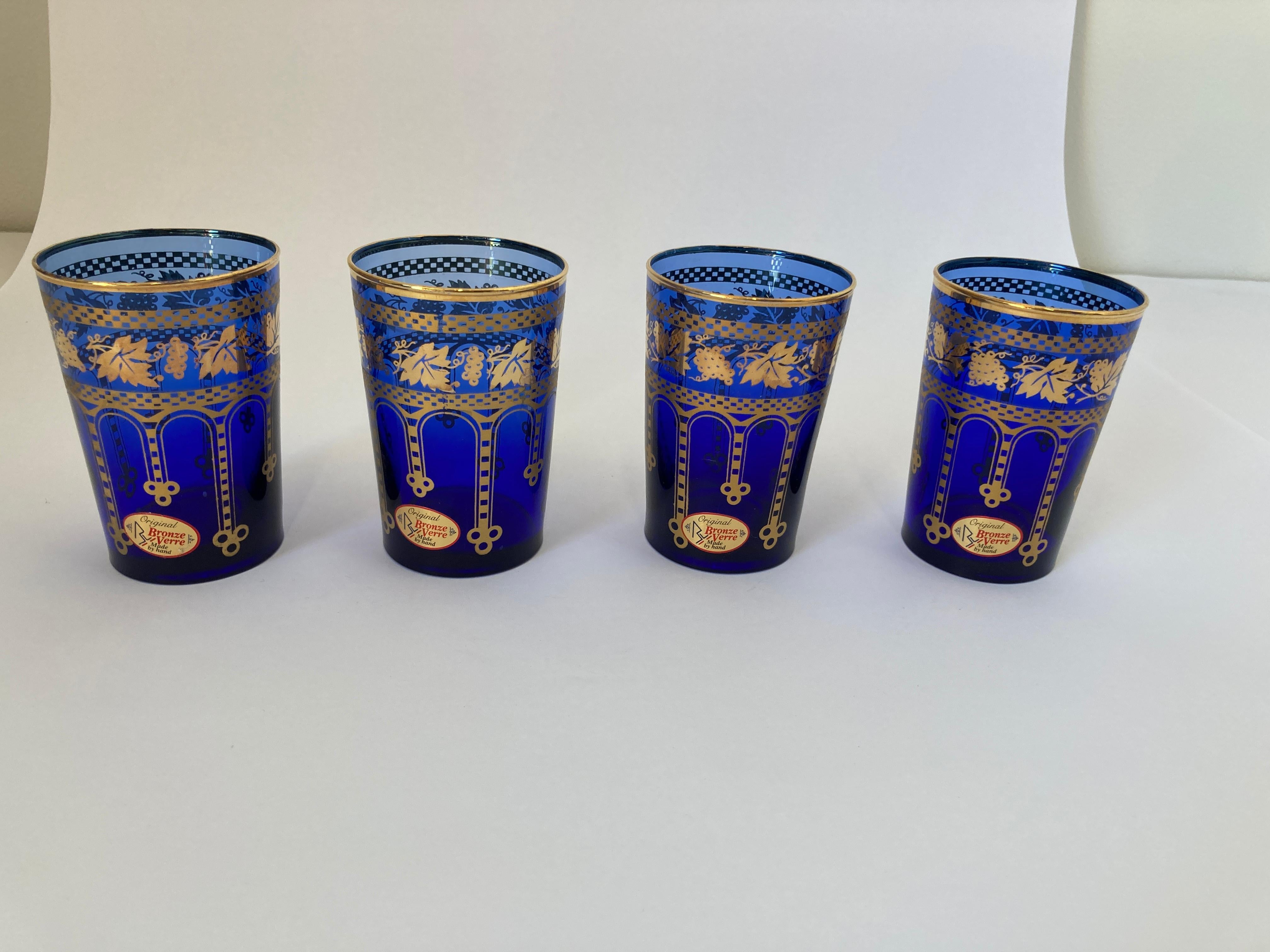 20th Century Moorish Blue and Gold Crystal Barware Italian Drinking Glasses Set of 4
