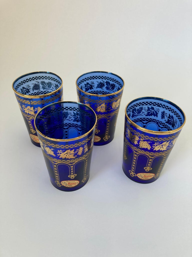 Moorish Blue and Gold Crystal Barware Italian Drinking Glasses Set of 4