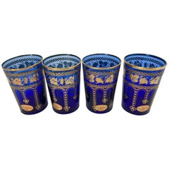 Vintage Moorish Blue and Gold Crystal Barware Italian Drinking Glasses Set of 4