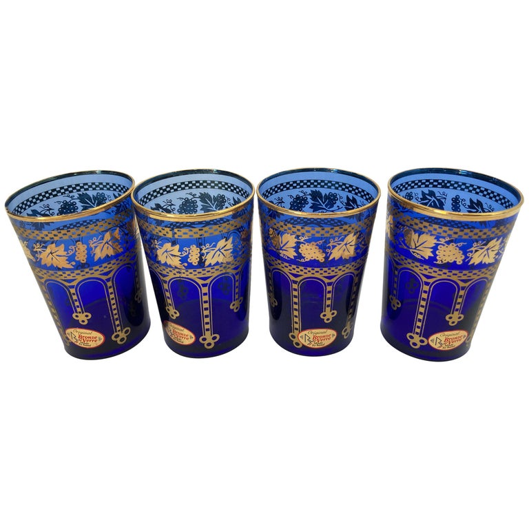 Moorish Blue and Gold Crystal Barware Italian Drinking Glasses Set of 4 For Sale at 1stDibs
