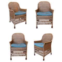 Set of Four Handmade Wicker Armchairs with Cushions Set of Four Handmade Wicker Armchairs with Cushions