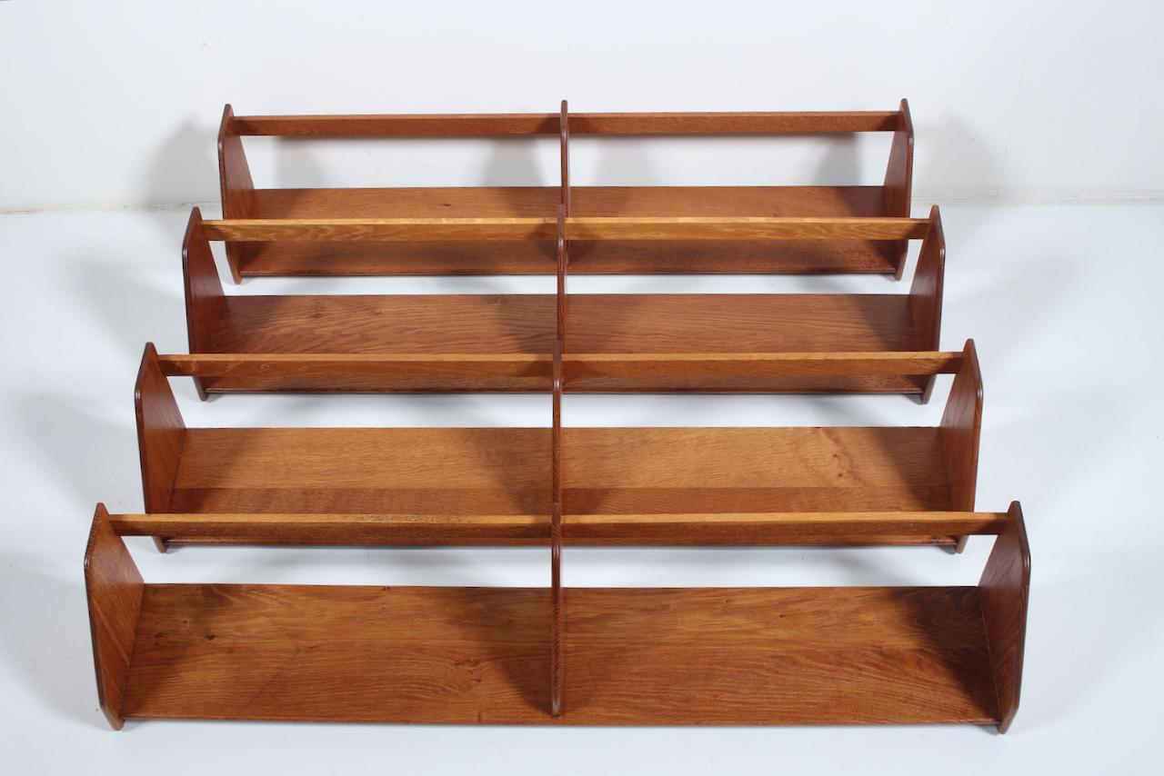 Hans Wegner RY 23 wall mounted double Oak shelves by Ry Møbelfabrik, Denmark.  Featuring sturdy, solid Oak rectangular wall hanging shelves, separated in two sections with center divider.  Storage. Display. Books.  Classic. Scandinavian Modern.