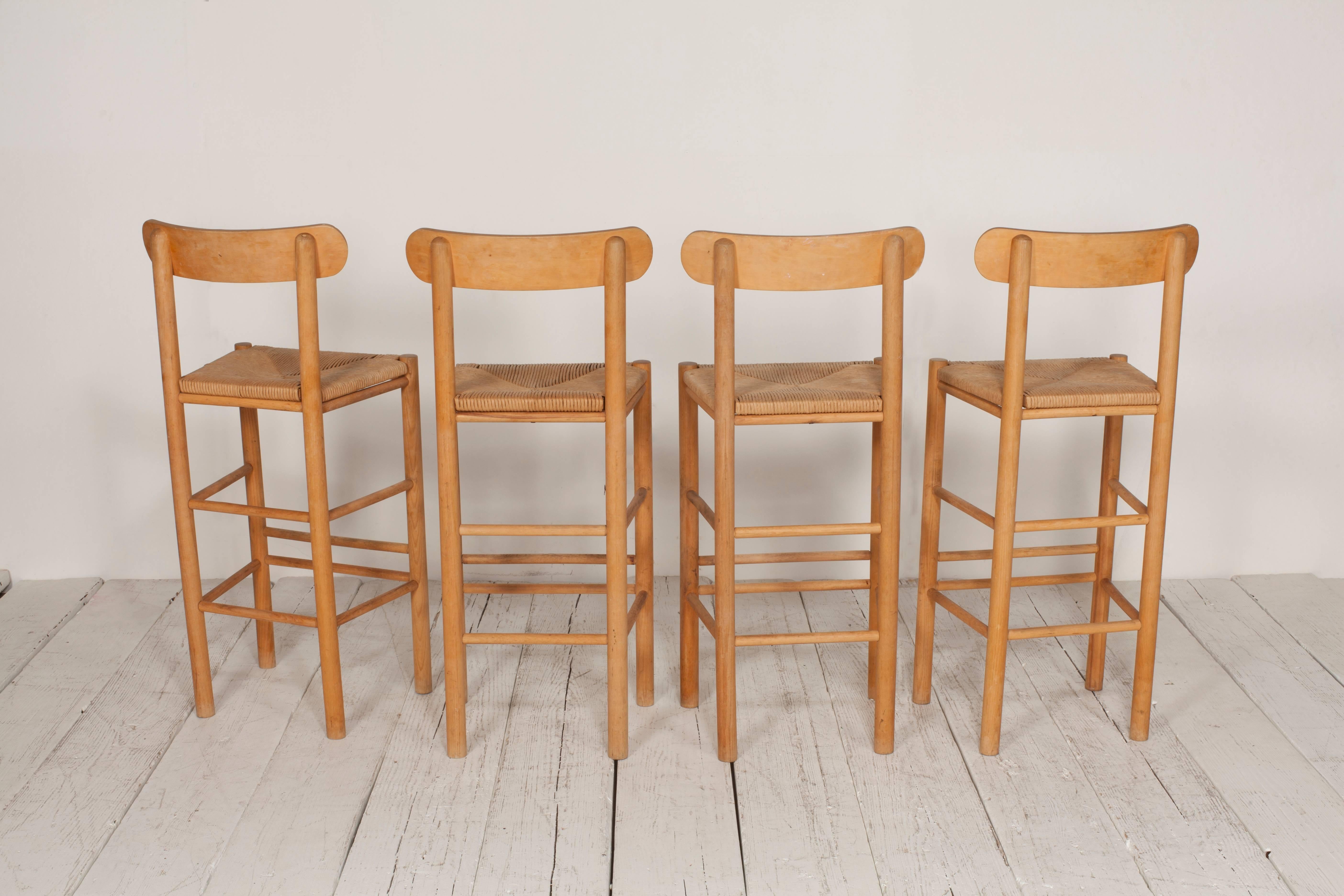 Mid-20th Century Set of Four Hans Wegner Style Natural Oak Bar Stools with Rush Seat