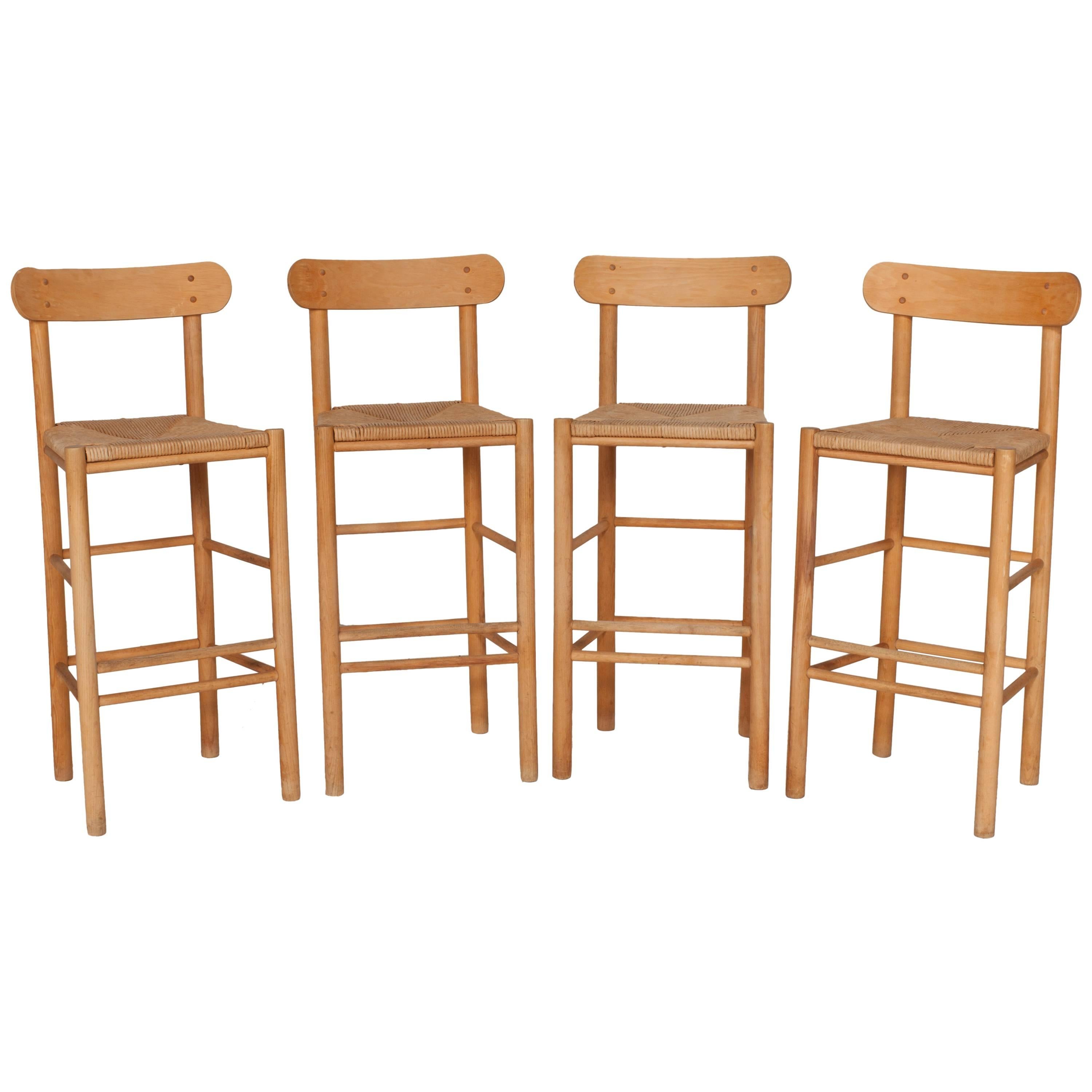 Set of Four Hans Wegner Style Natural Oak Bar Stools with Rush Seat