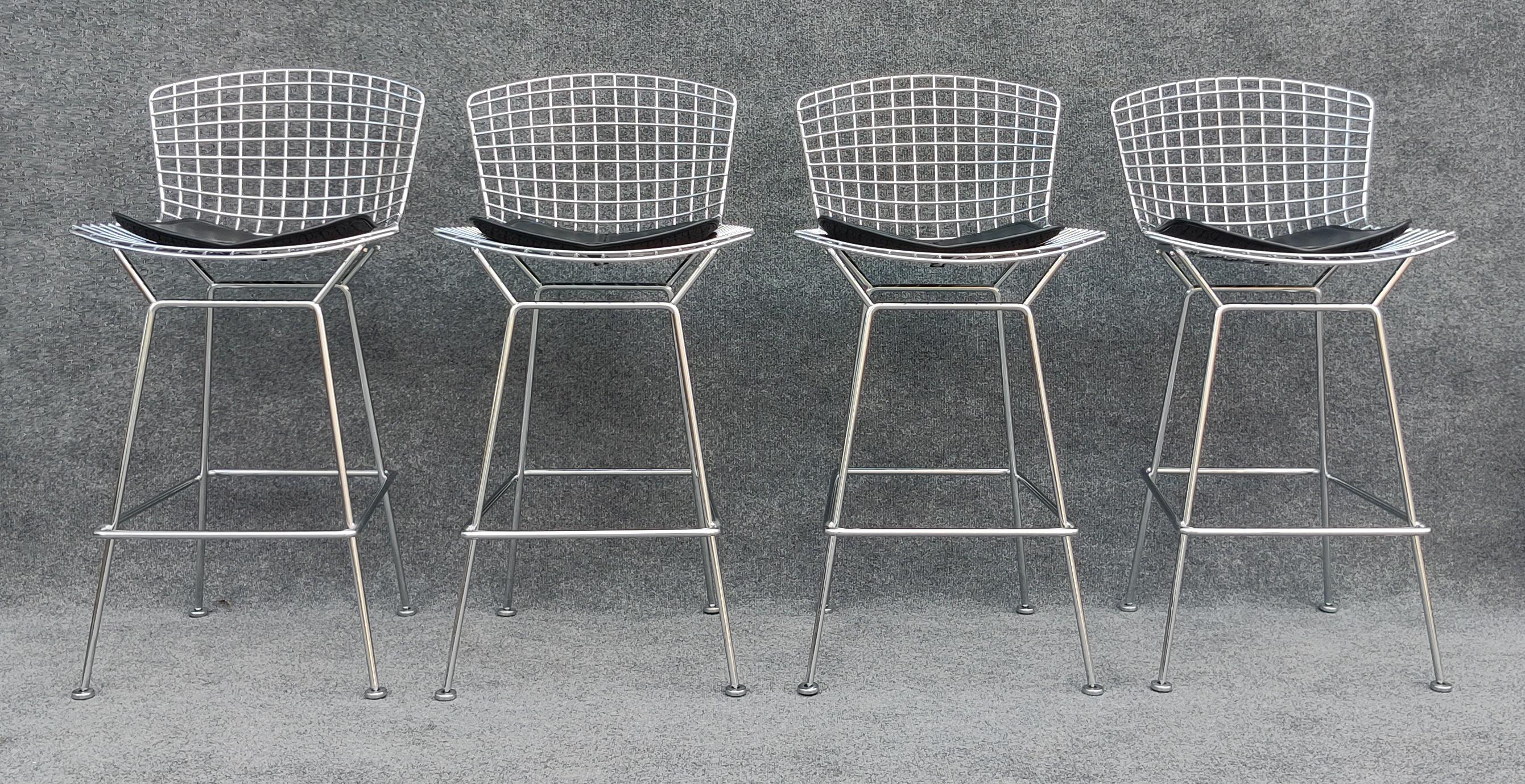 Mid-Century Modern Set of Four Harry Bertoia for Knoll Barstool in Chrome & Black Leatherette For Sale