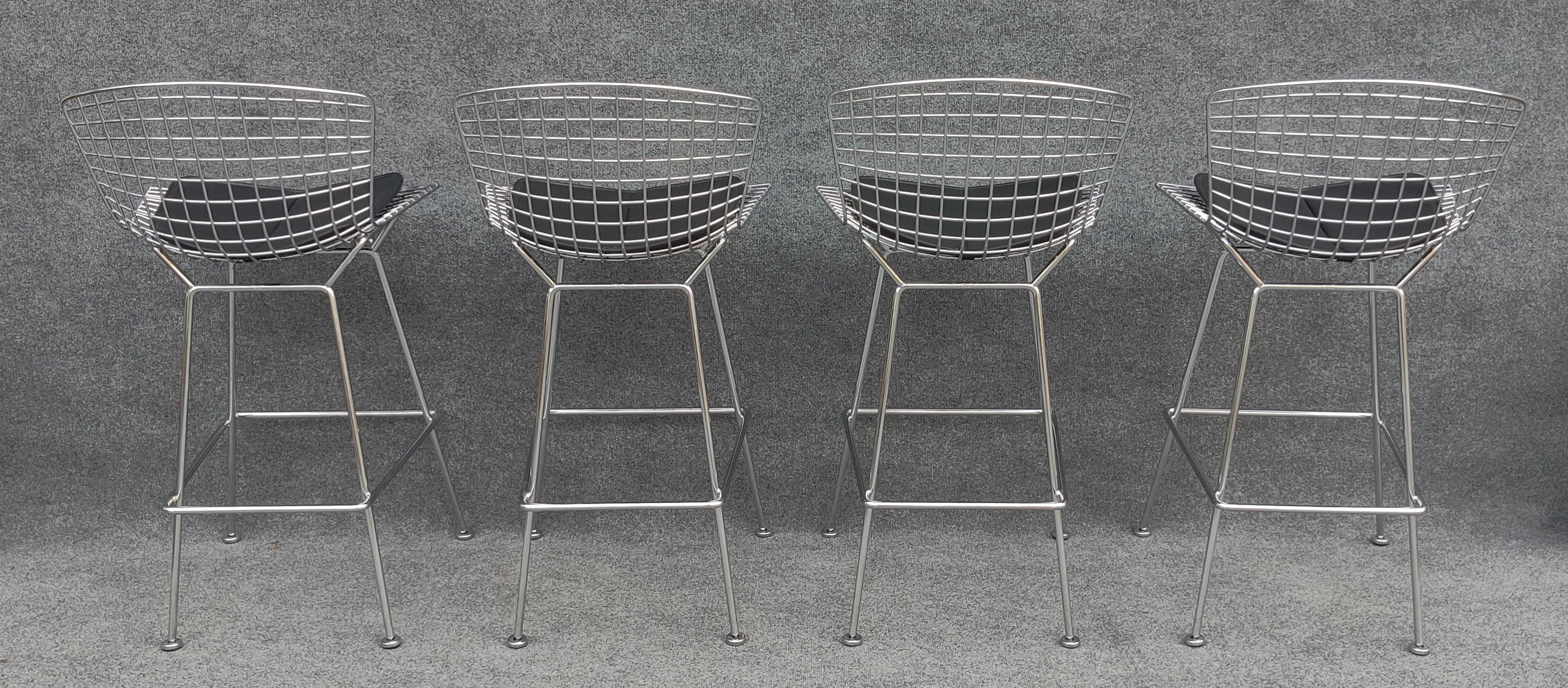 American Set of Four Harry Bertoia for Knoll Barstool in Chrome & Black Leatherette For Sale