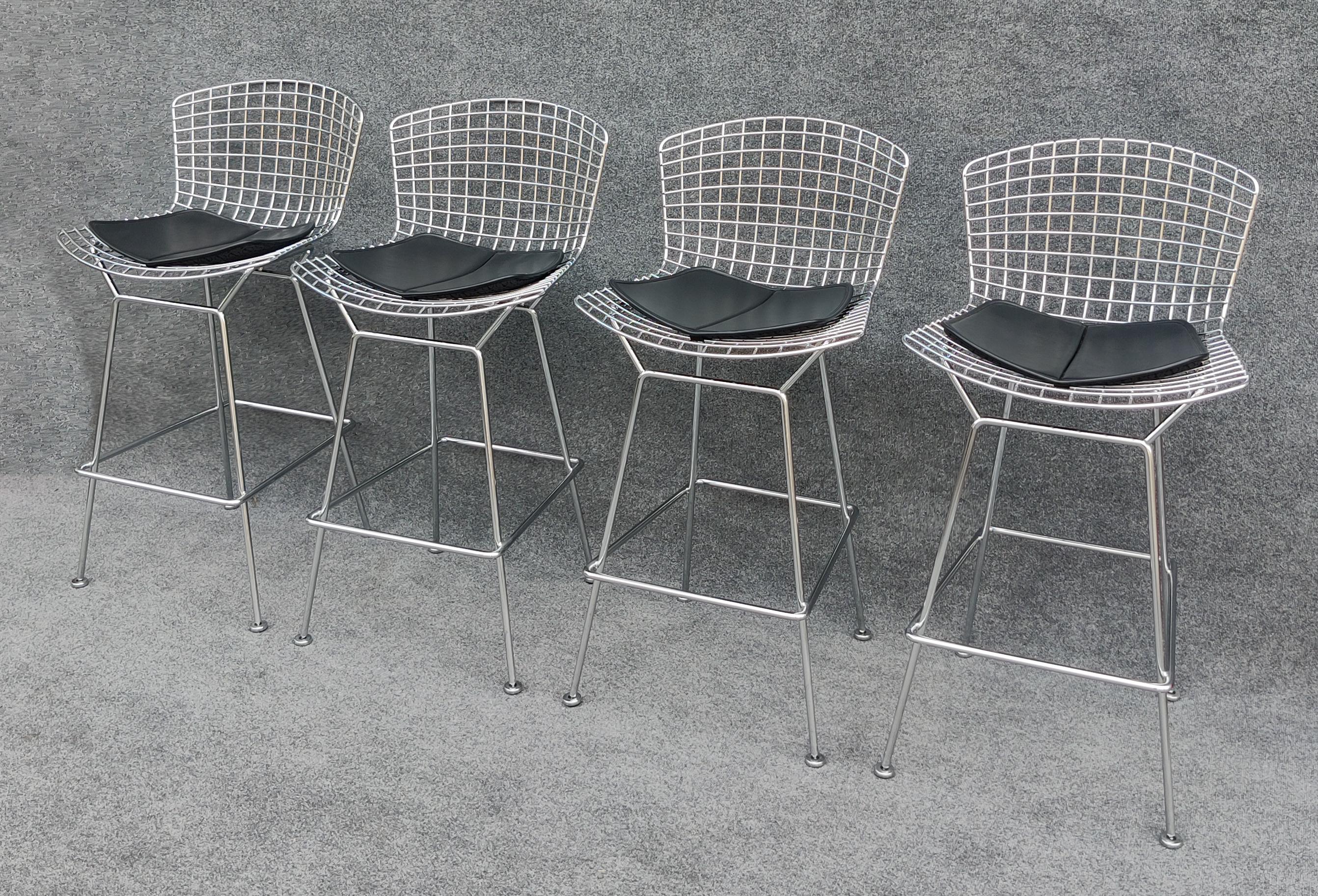 Set of Four Harry Bertoia for Knoll Barstool in Chrome & Black Leatherette In Good Condition For Sale In Philadelphia, PA