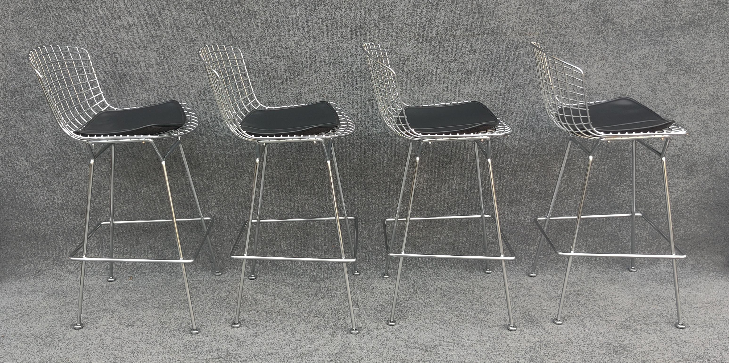 Contemporary Set of Four Harry Bertoia for Knoll Barstool in Chrome & Black Leatherette For Sale